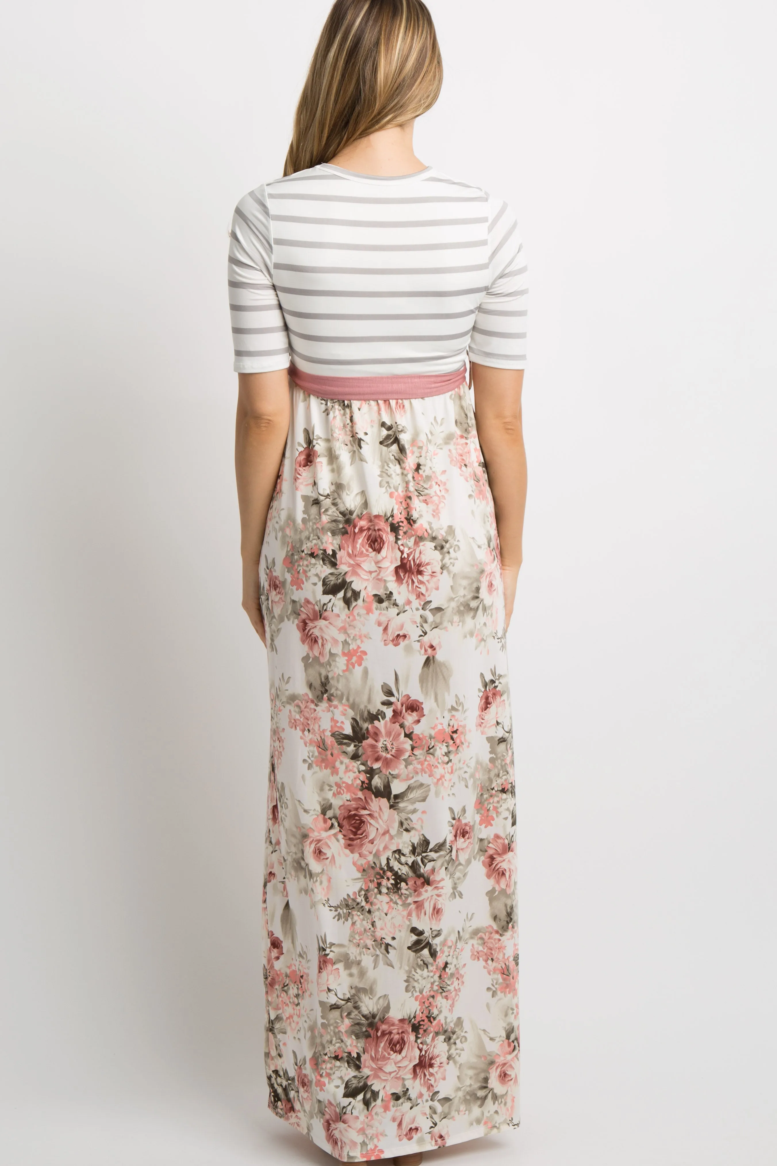 Ivory Striped Colorblock Floral Maternity Maxi Dress sold by Pinkblush product image thumbnail 3
