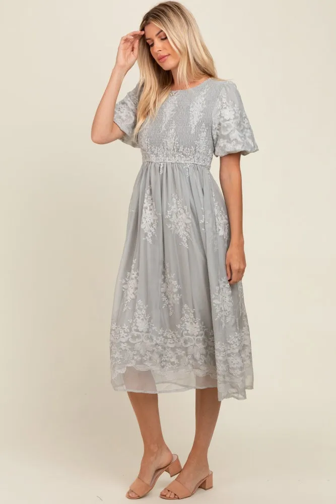 Grey Floral Lace Smocked Midi Dress sold by Pinkblush product image thumbnail 3