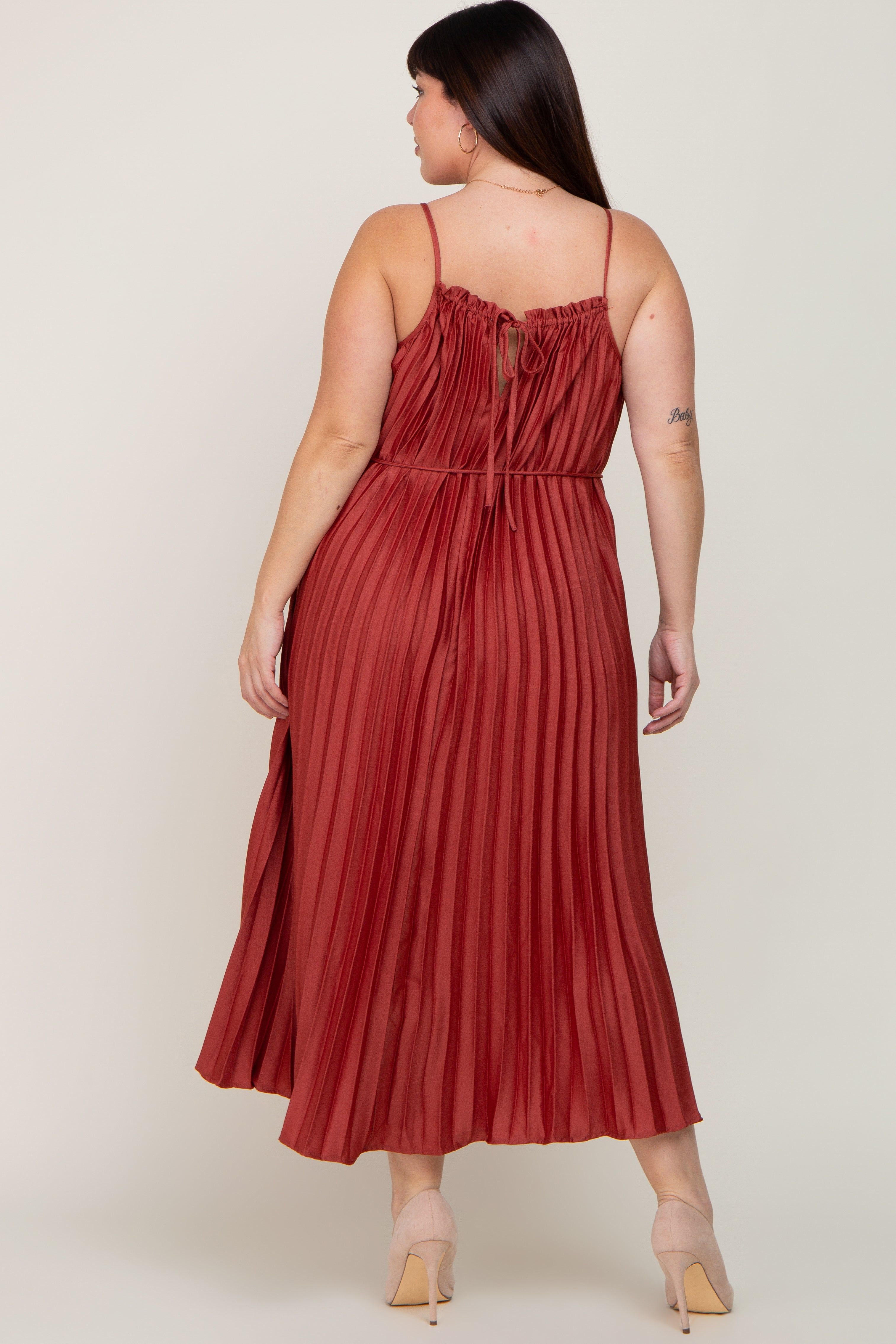 Rust Pleated Sleeveless Waist Tie Plus Maxi Dress sold by Pinkblush product image thumbnail 3