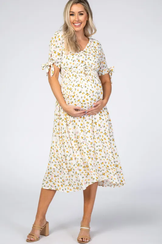 Ivory Floral Tie Sleeve Maternity Midi Dress sold by Pinkblush