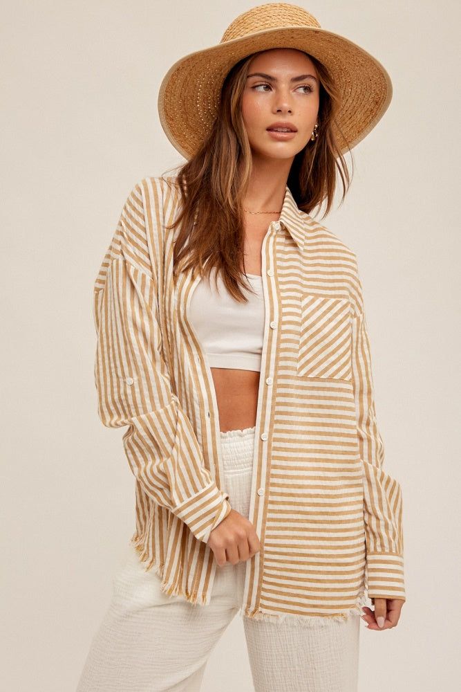Light Brown Loose Fit Striped Button Down Shirt sold by Pinkblush