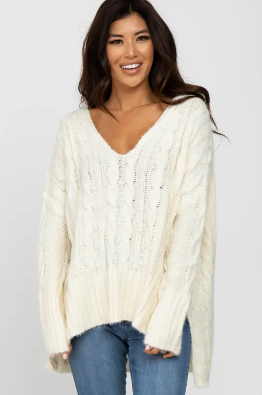 Ivory V-Neck Side Slit Cable Knit Sweater sold by Pinkblush