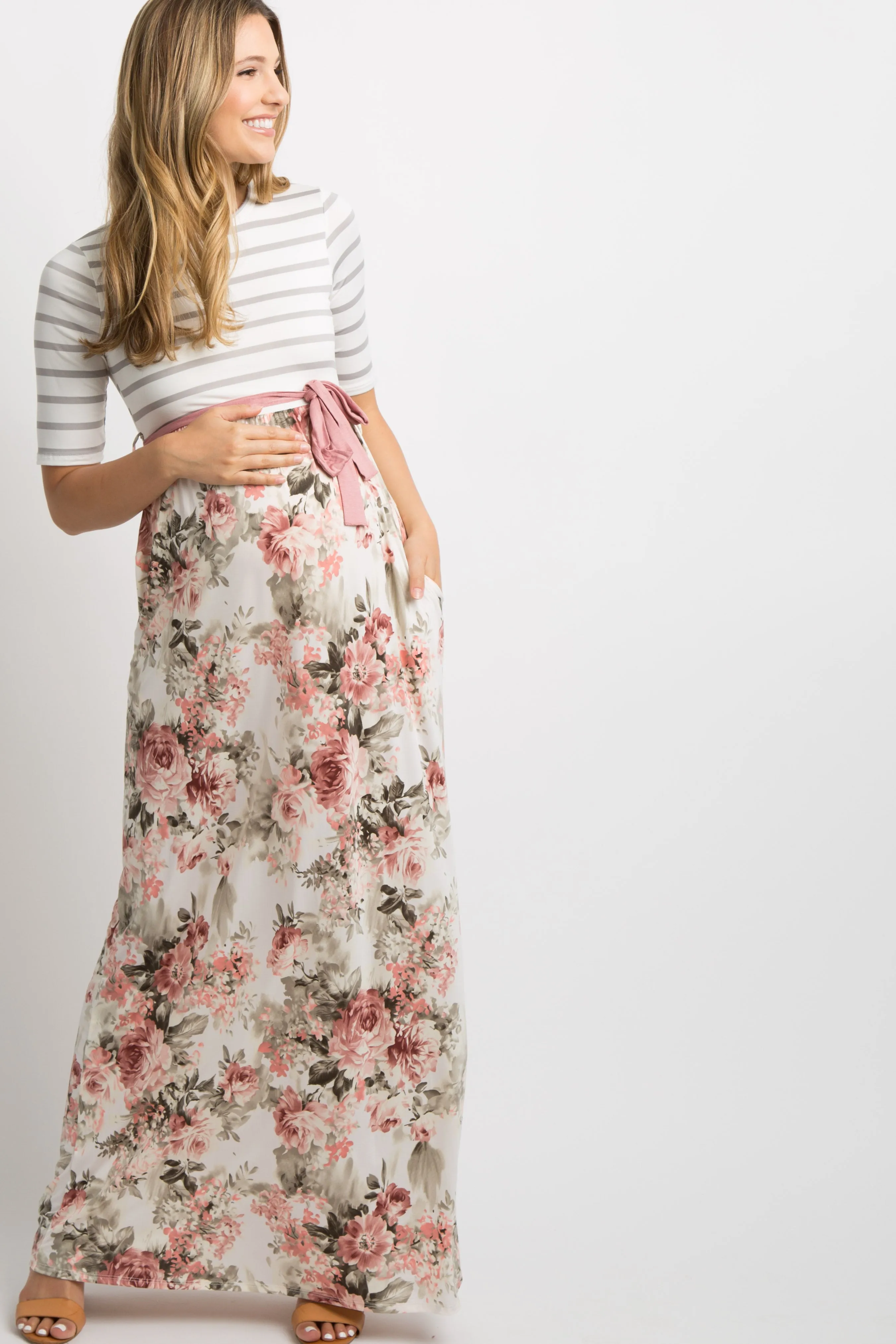 Ivory Striped Colorblock Floral Maternity Maxi Dress sold by Pinkblush