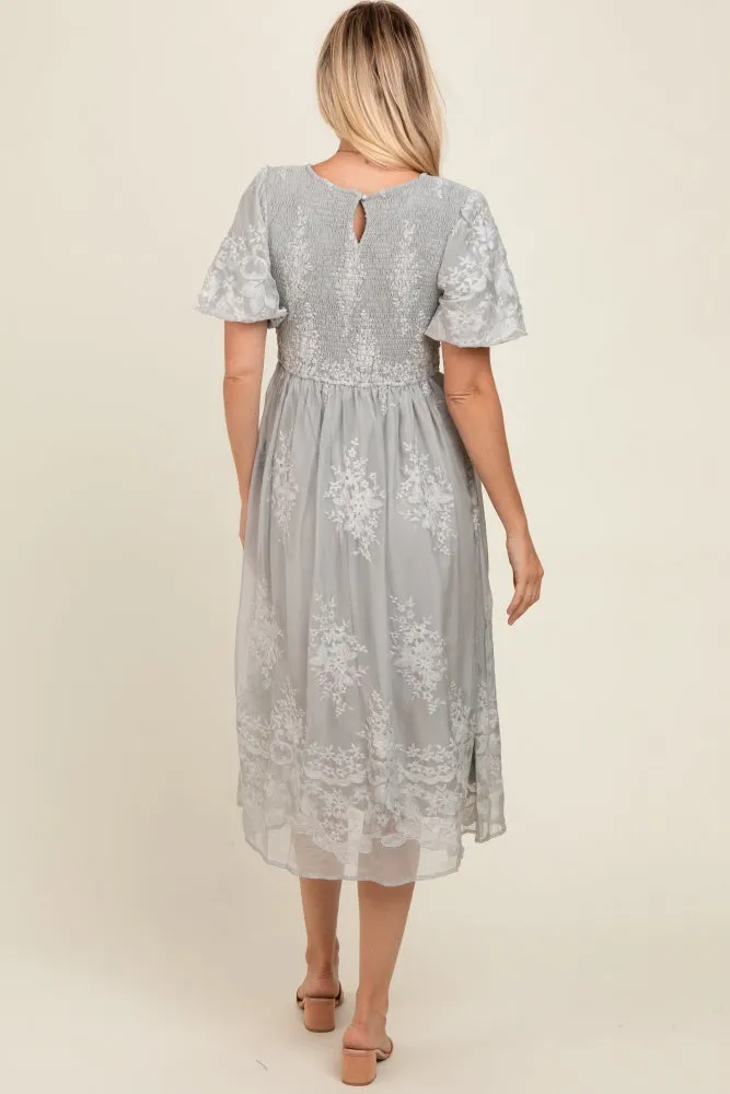 Grey Floral Lace Smocked Midi Dress sold by Pinkblush product image thumbnail 4