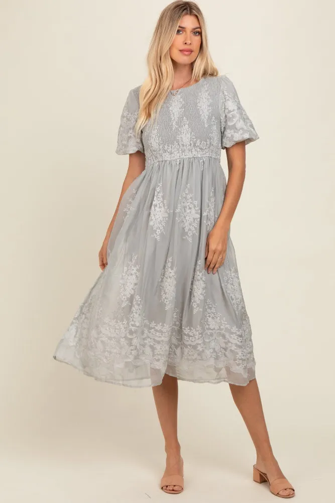 Grey Floral Lace Smocked Midi Dress sold by Pinkblush