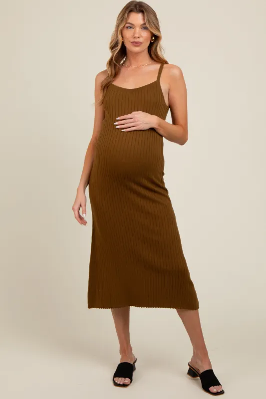 Olive Square Neck Ribbed Sleeveless Maternity Midi Dress sold by Pinkblush