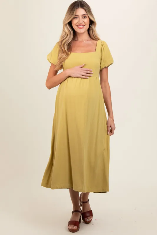 Lime Puff Sleeve Linen Maternity Midi Dress sold by Pinkblush