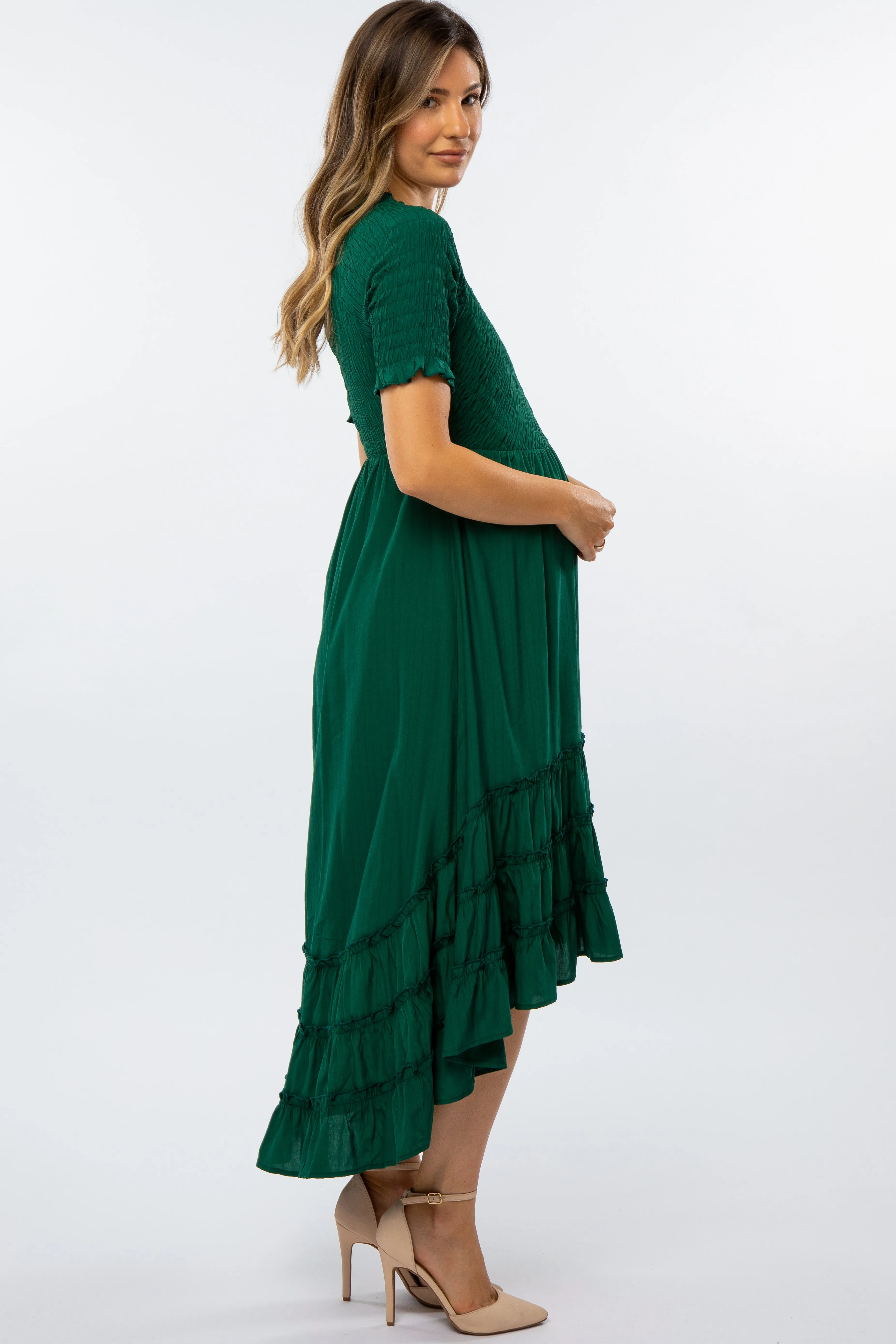 Forest Green Smocked Ruffle Hi-Lo Maternity Midi Dress sold by Pinkblush product image thumbnail 2