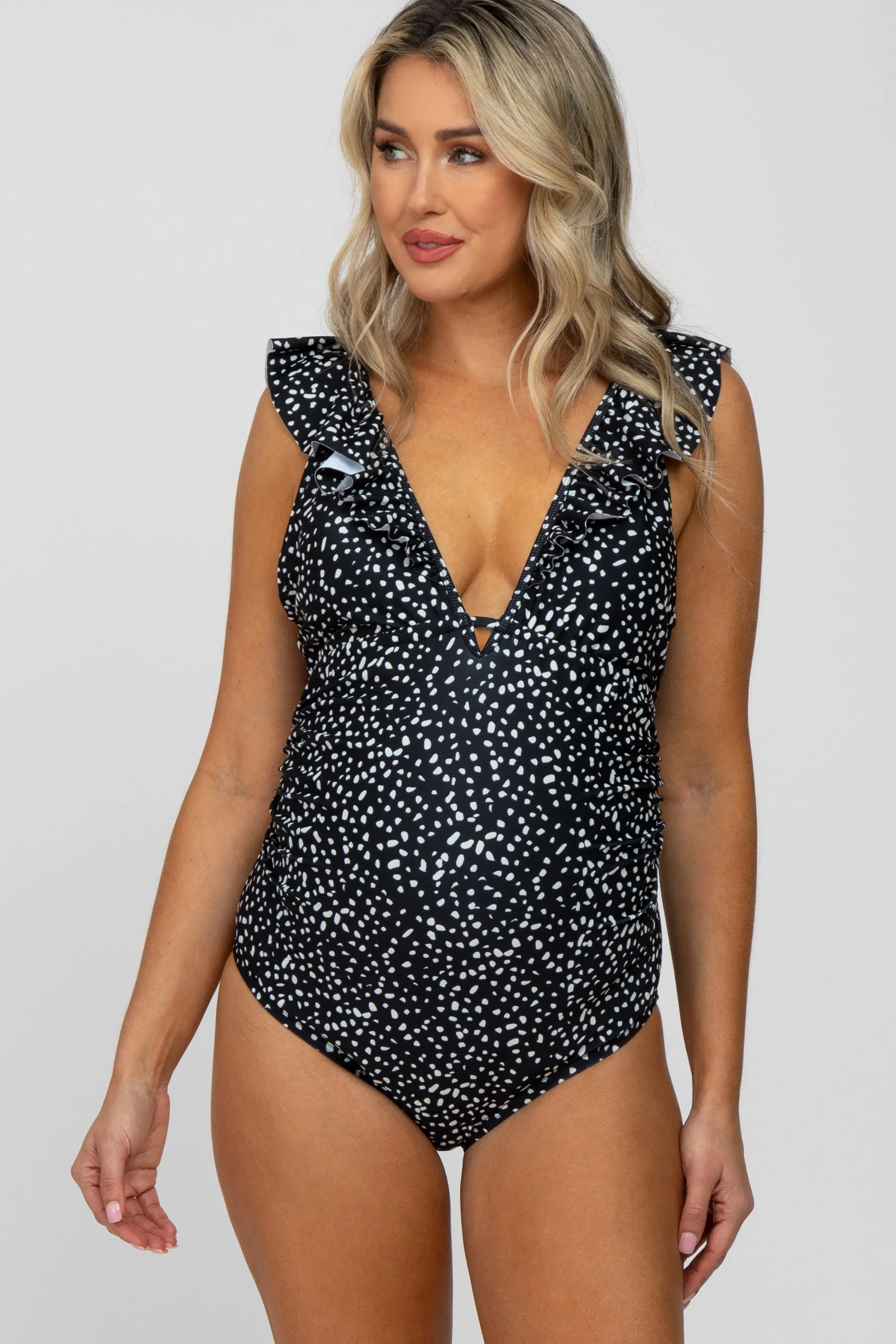 Black Animal Print Ruffle Maternity One-Piece Swimsuit sold by Pinkblush product image thumbnail 4