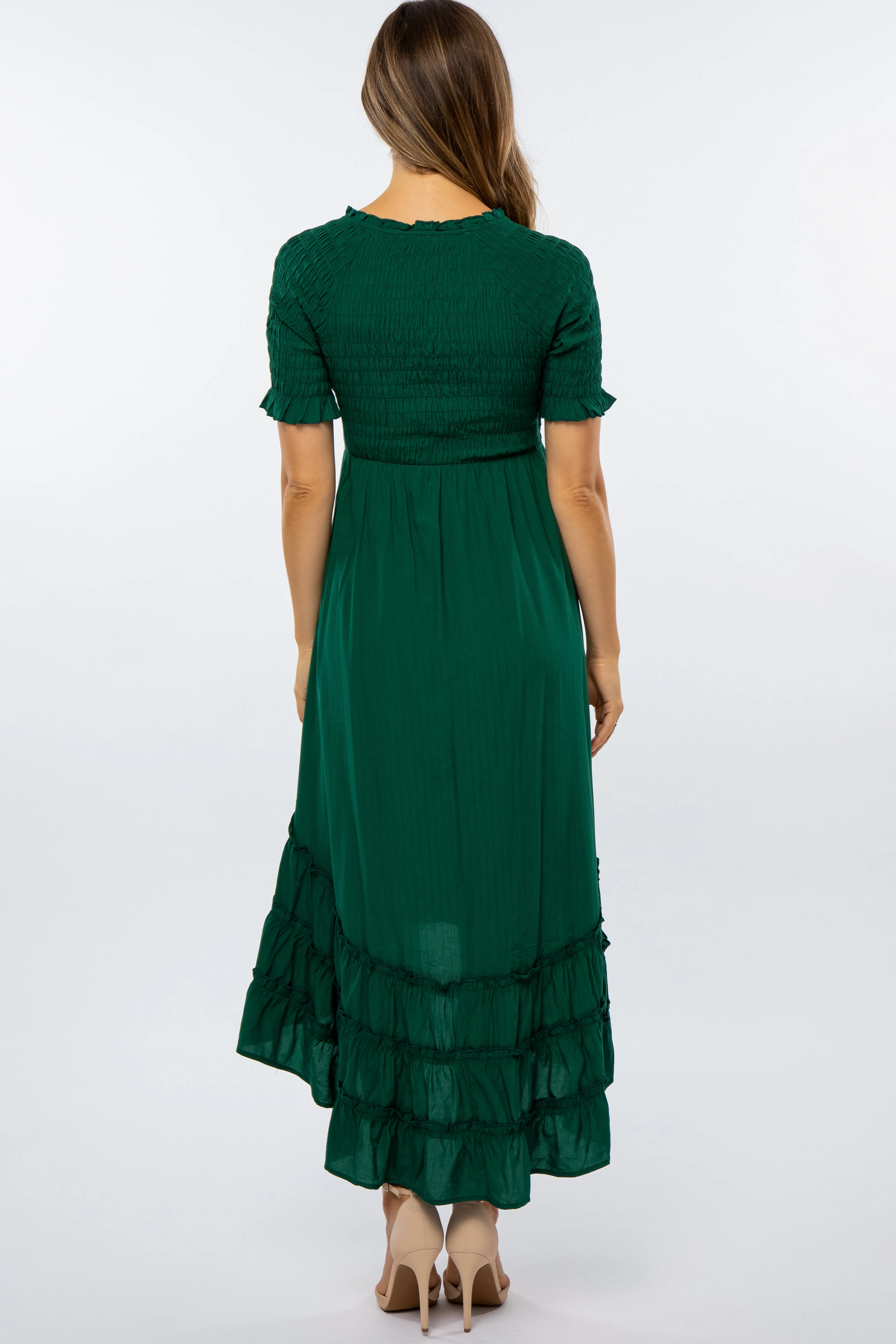 Forest Green Smocked Ruffle Hi-Lo Maternity Midi Dress sold by Pinkblush product image thumbnail 3