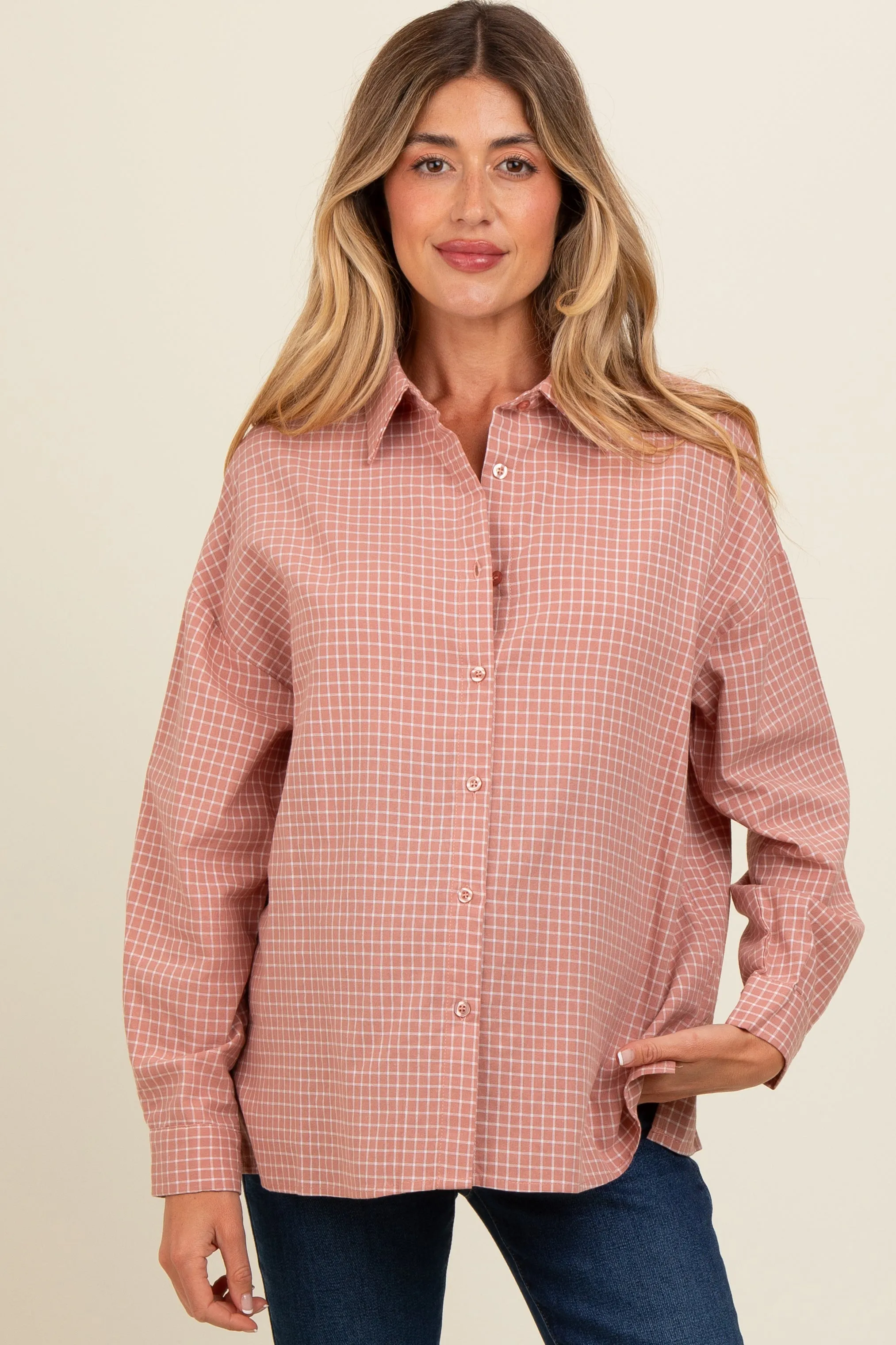 Pink Checker Plaid Button Down Maternity Shirt sold by Pinkblush product image thumbnail 2