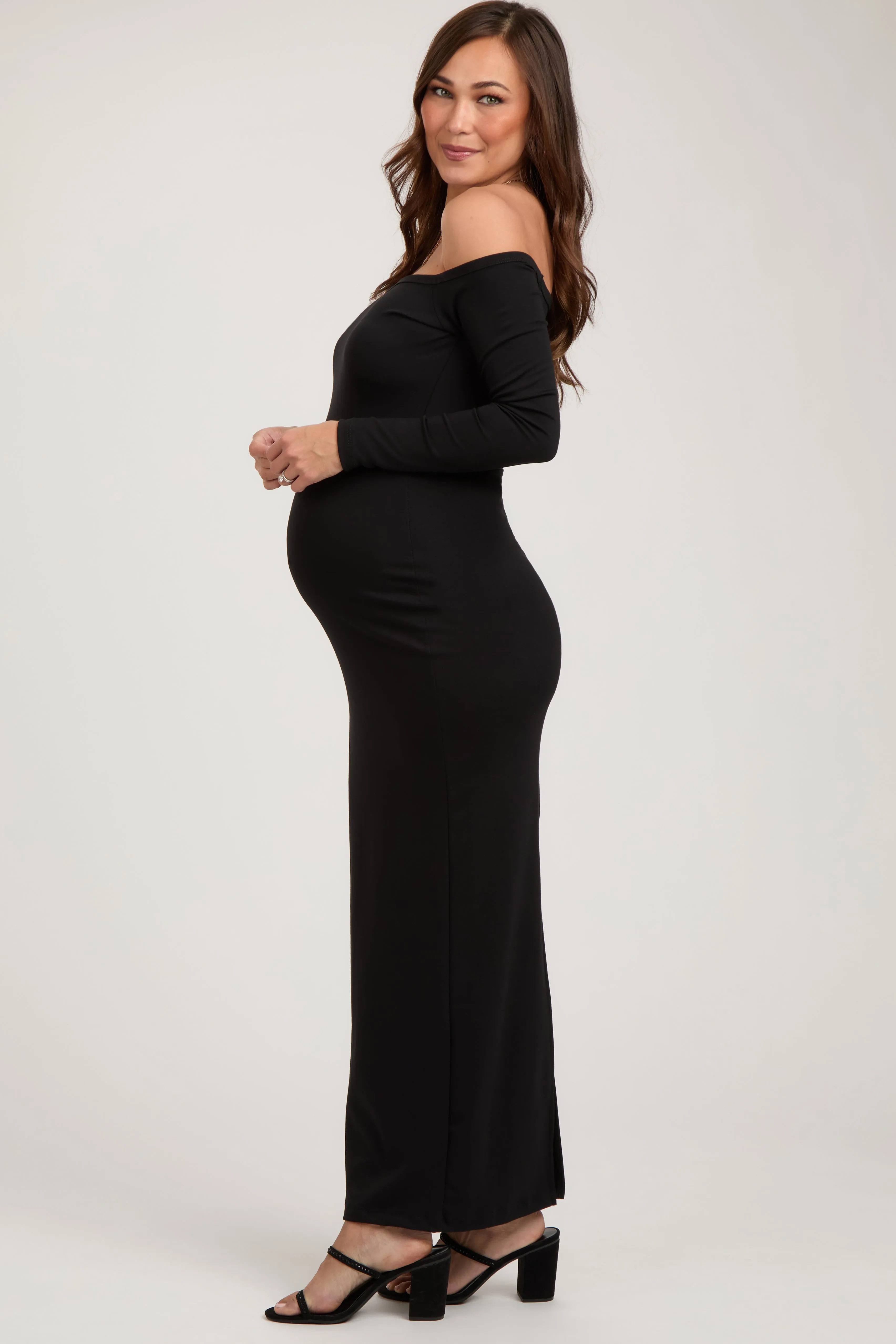 Black Off Shoulder Long Sleeve Maternity Maxi Dress sold by Pinkblush product image thumbnail 2