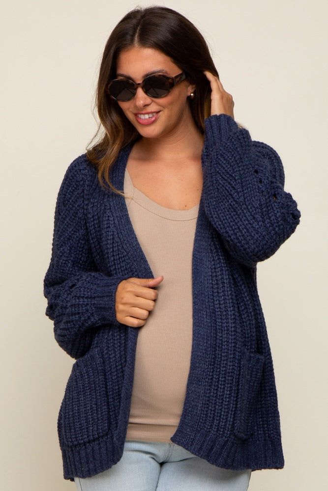 Navy Blue Chunky Knit Maternity Cardigan sold by Pinkblush