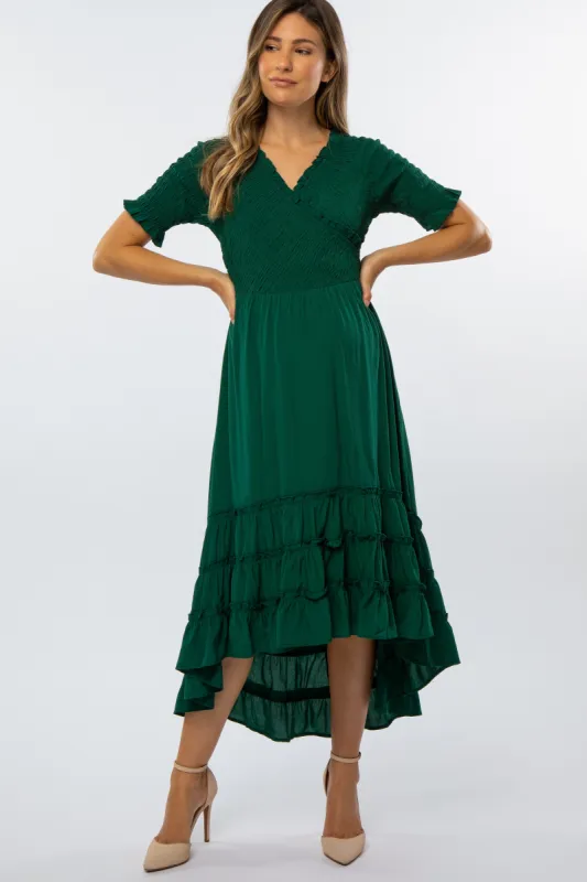 Forest Green Smocked Ruffle Hi-Lo Maternity Midi Dress sold by Pinkblush