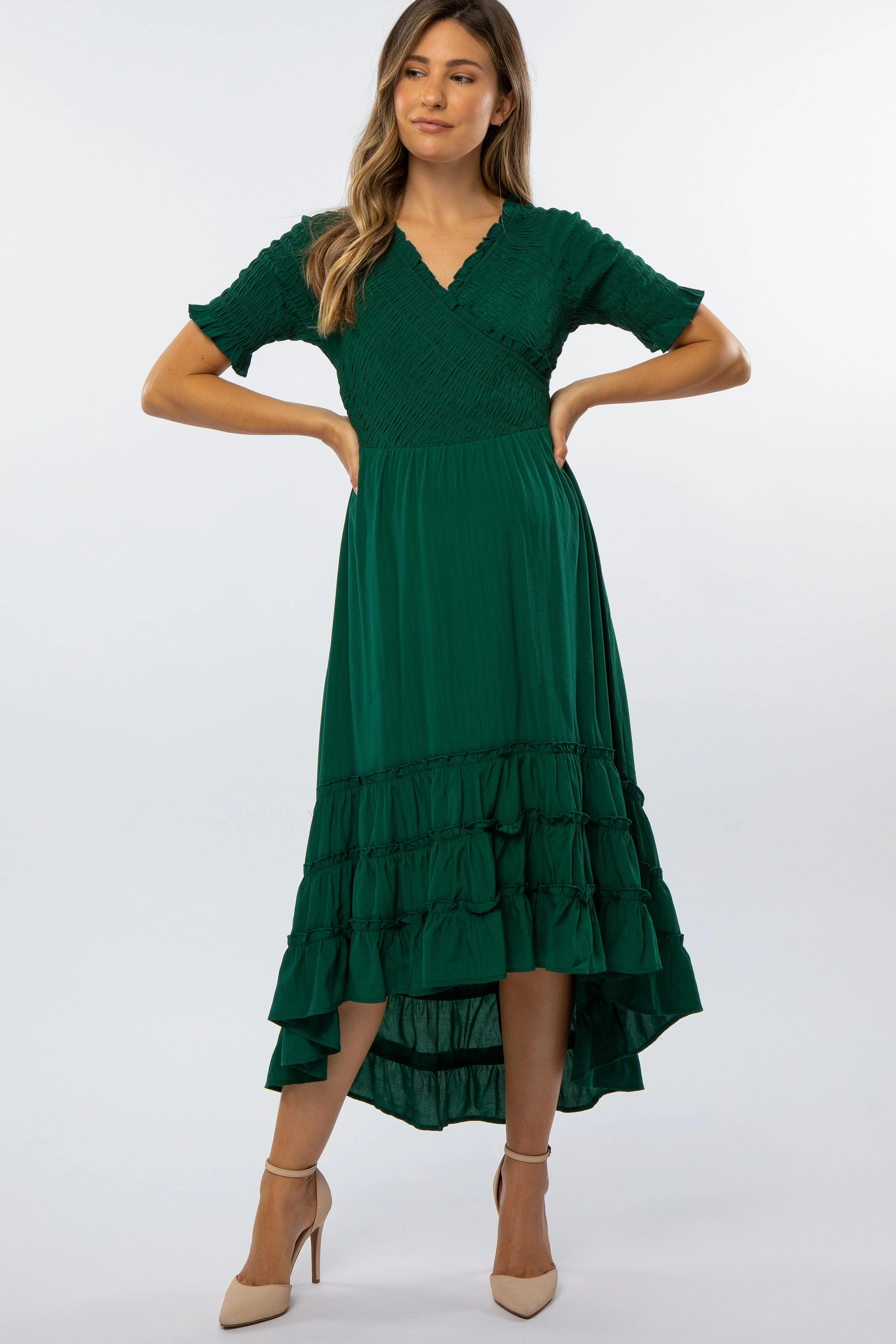 Forest Green Smocked Ruffle Hi-Lo Maternity Midi Dress sold by Pinkblush