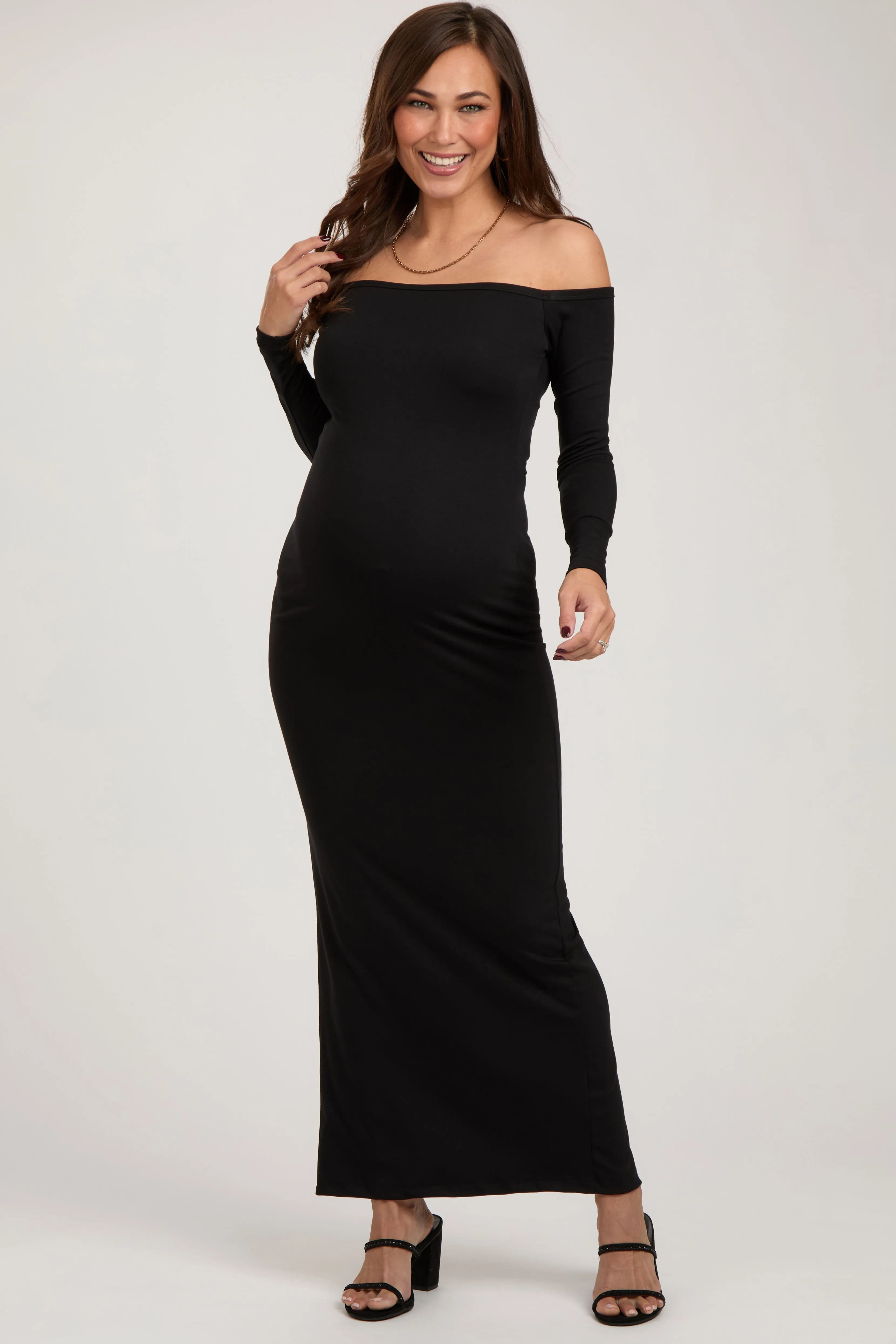 Black Off Shoulder Long Sleeve Maternity Maxi Dress sold by Pinkblush
