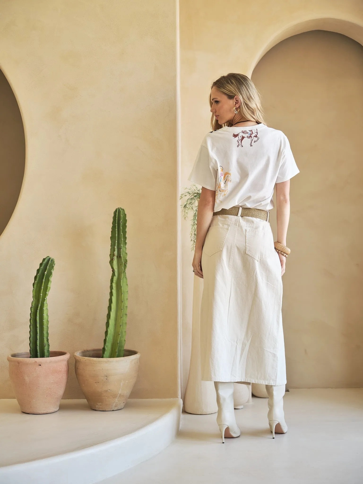 Ivory Mid Rise Stretch Midi Denim Skirt sold by Pinkblush product image thumbnail 5