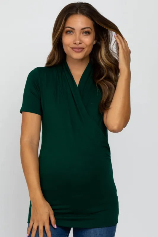 Forest Green Solid Short Sleeve Wrap Front Maternity/Nursing Top sold by Pinkblush