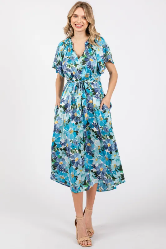 Blue Floral V-Neck Short Puff Sleeve Tie Waist Satin Midi Dress sold by Pinkblush