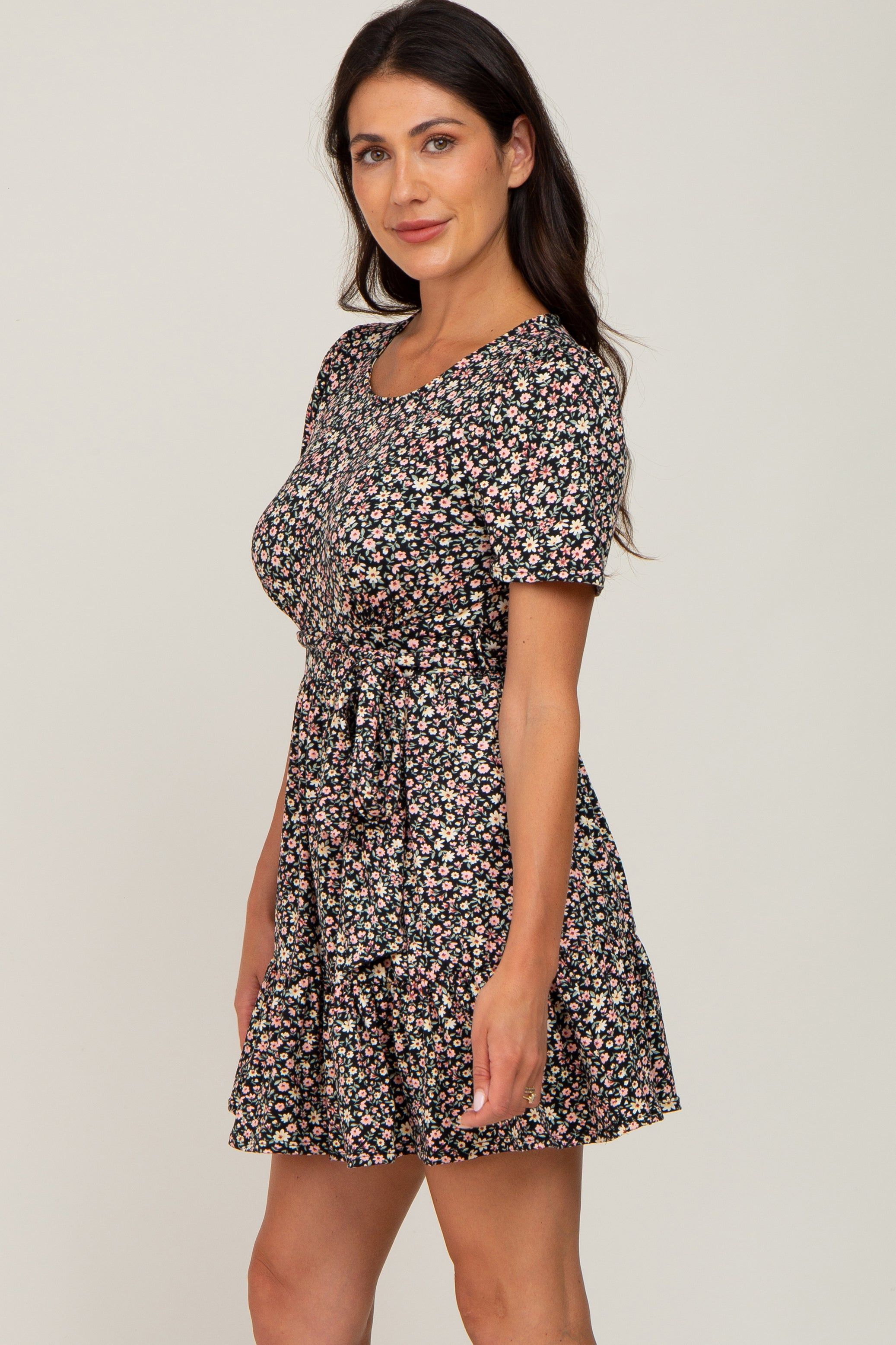 Black Floral Waist Tie Ruffle Hem Dress sold by Pinkblush product image thumbnail 2