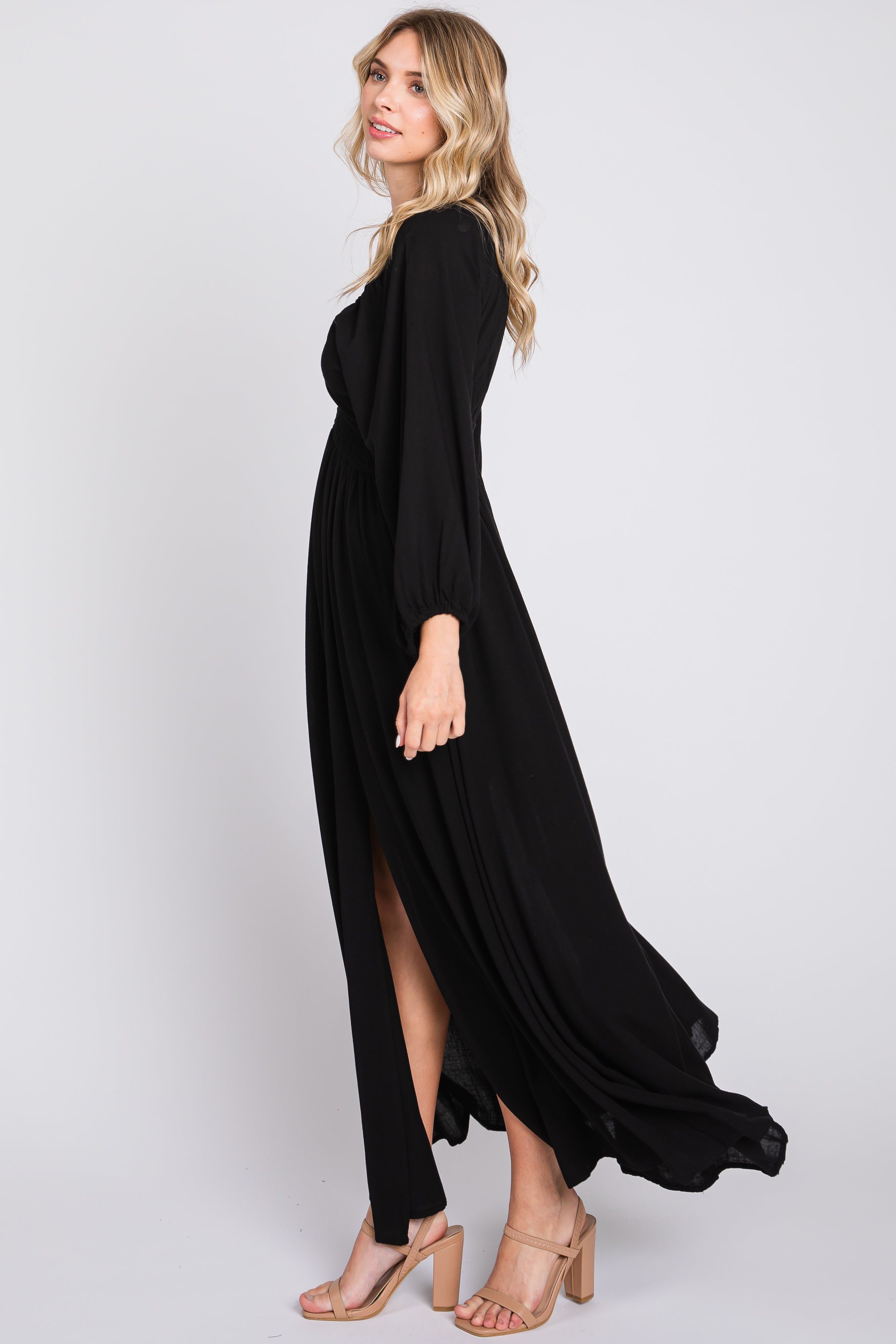 Black Deep V-Neck Smocked Waist Maxi Dress sold by Pinkblush product image thumbnail 2
