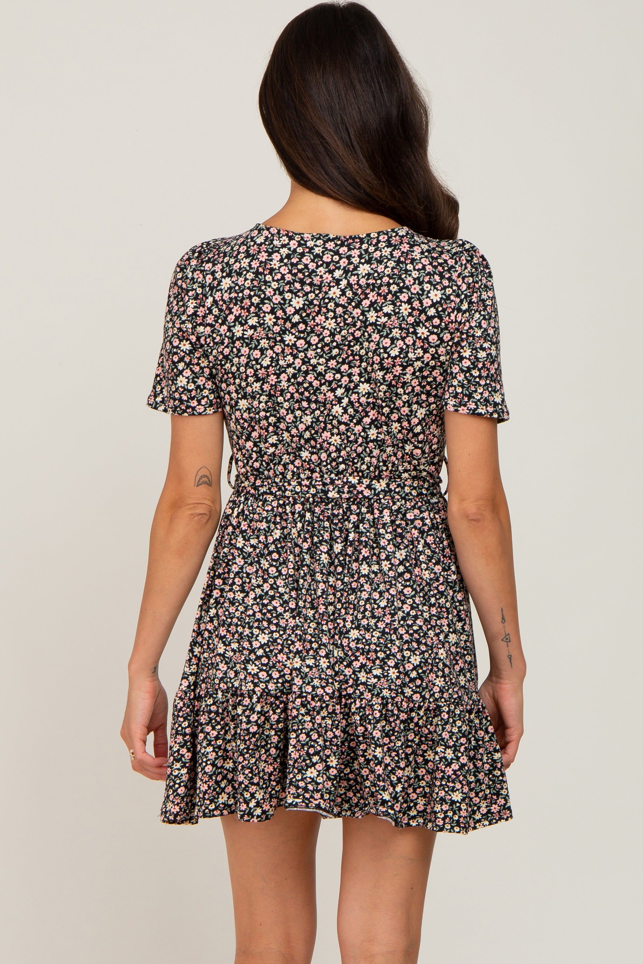 Black Floral Waist Tie Ruffle Hem Dress sold by Pinkblush product image thumbnail 3