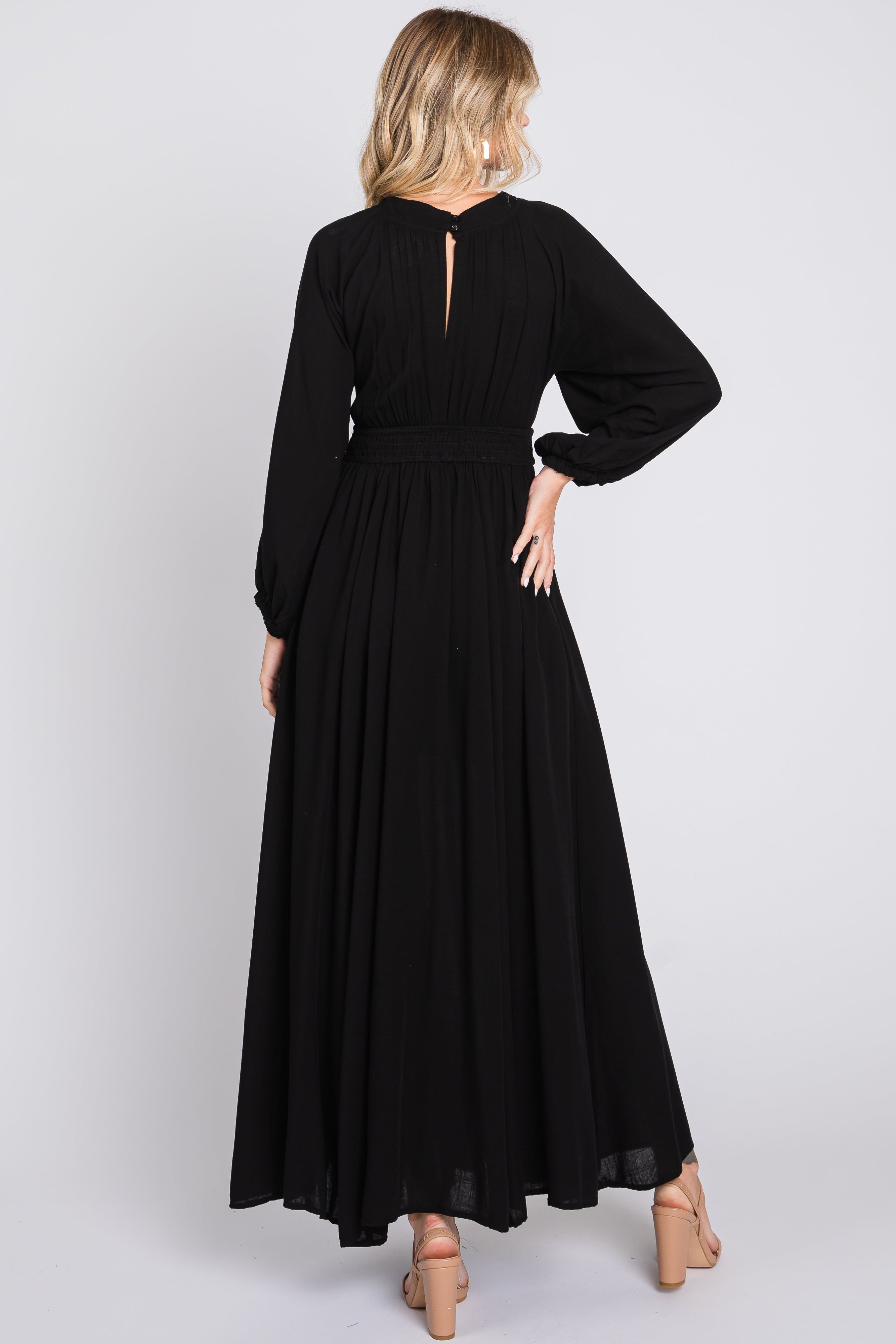 Black Deep V-Neck Smocked Waist Maxi Dress sold by Pinkblush product image thumbnail 3