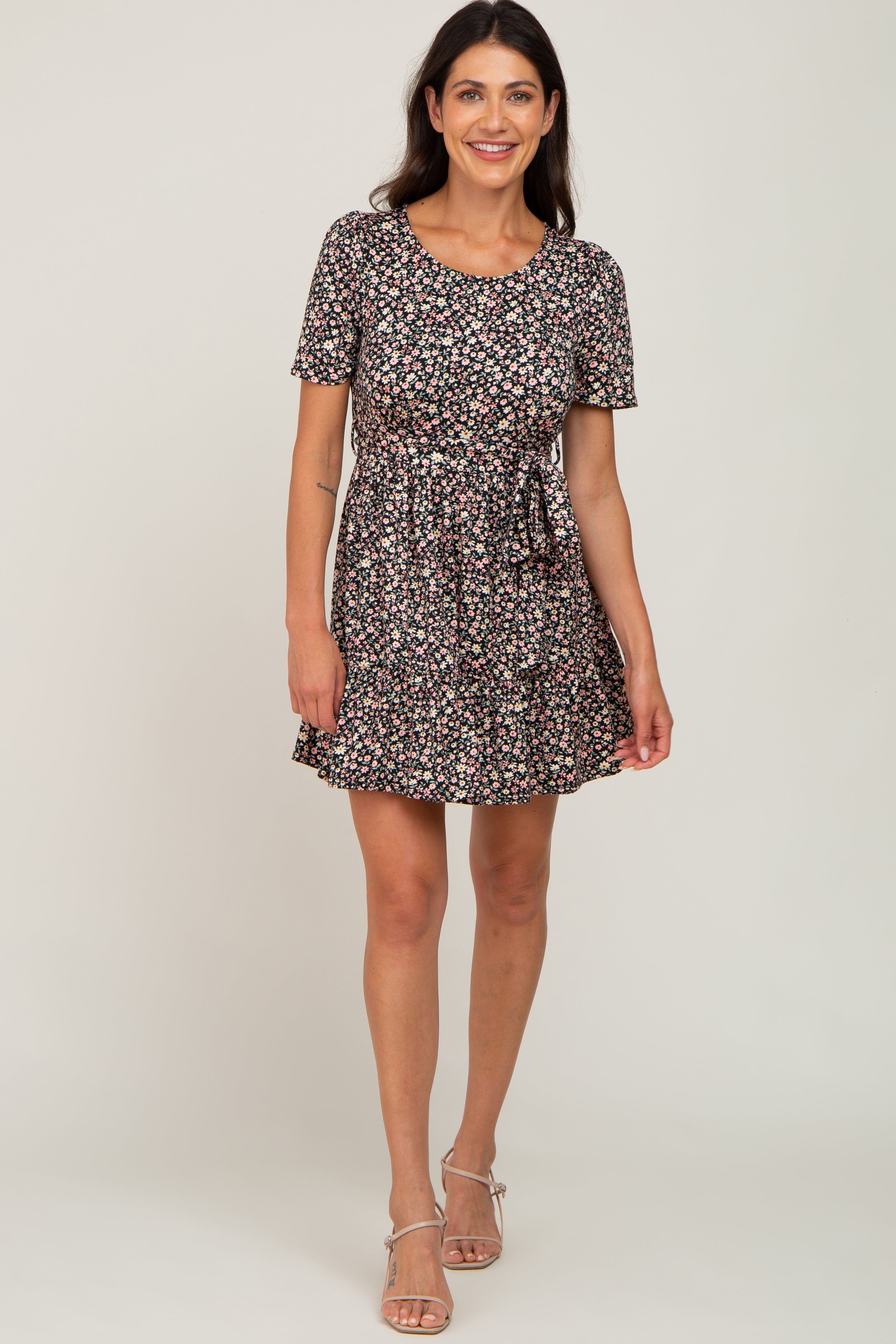 Black Floral Waist Tie Ruffle Hem Dress sold by Pinkblush product image thumbnail 4