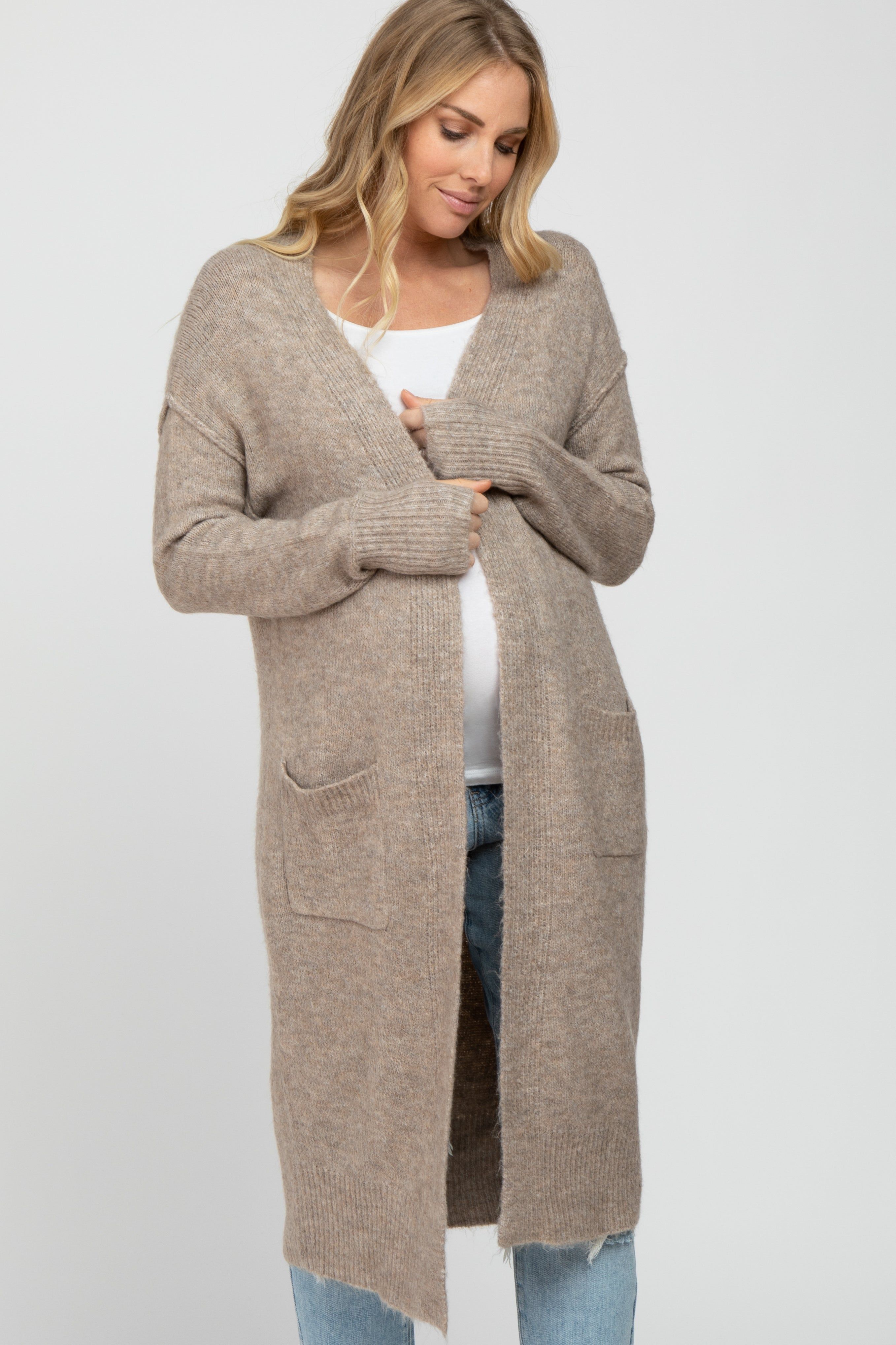 Taupe Long Chunky Knit Maternity Cardigan sold by Pinkblush product image thumbnail 2