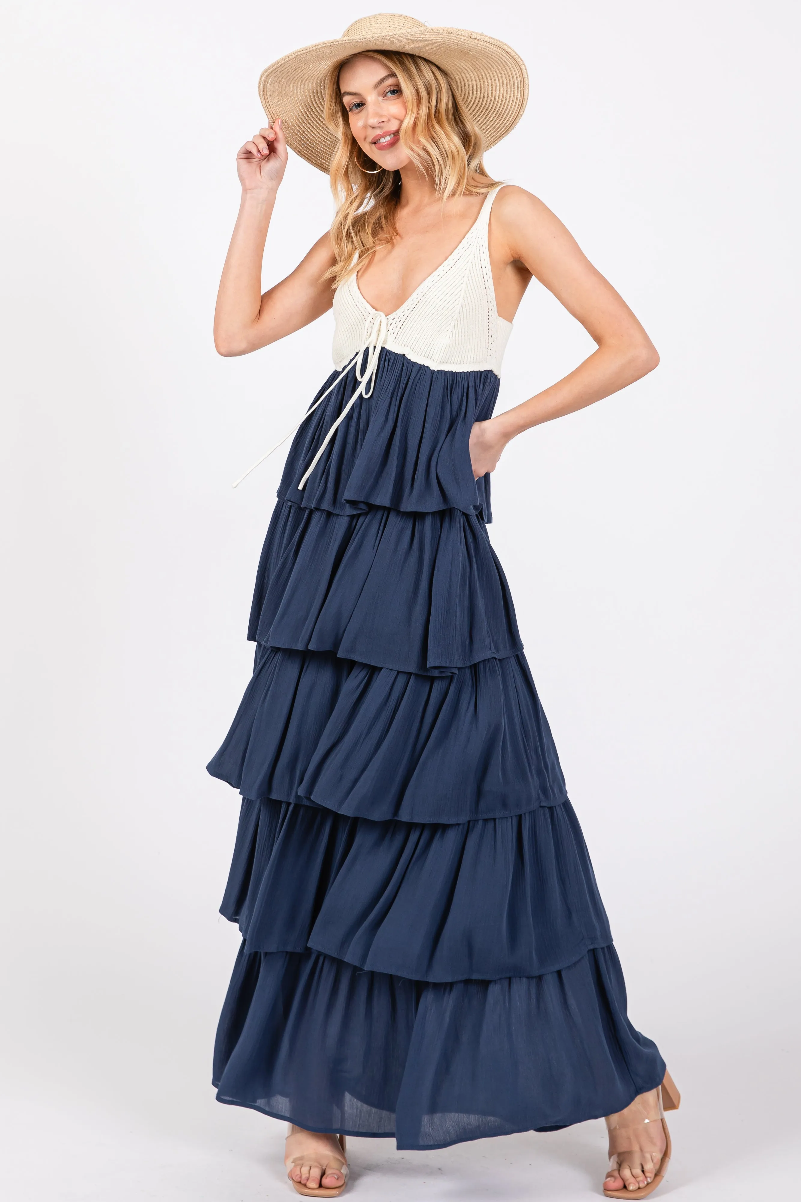 Navy Colorblock Crochet Tiered Maxi Dress sold by Pinkblush product image thumbnail 5