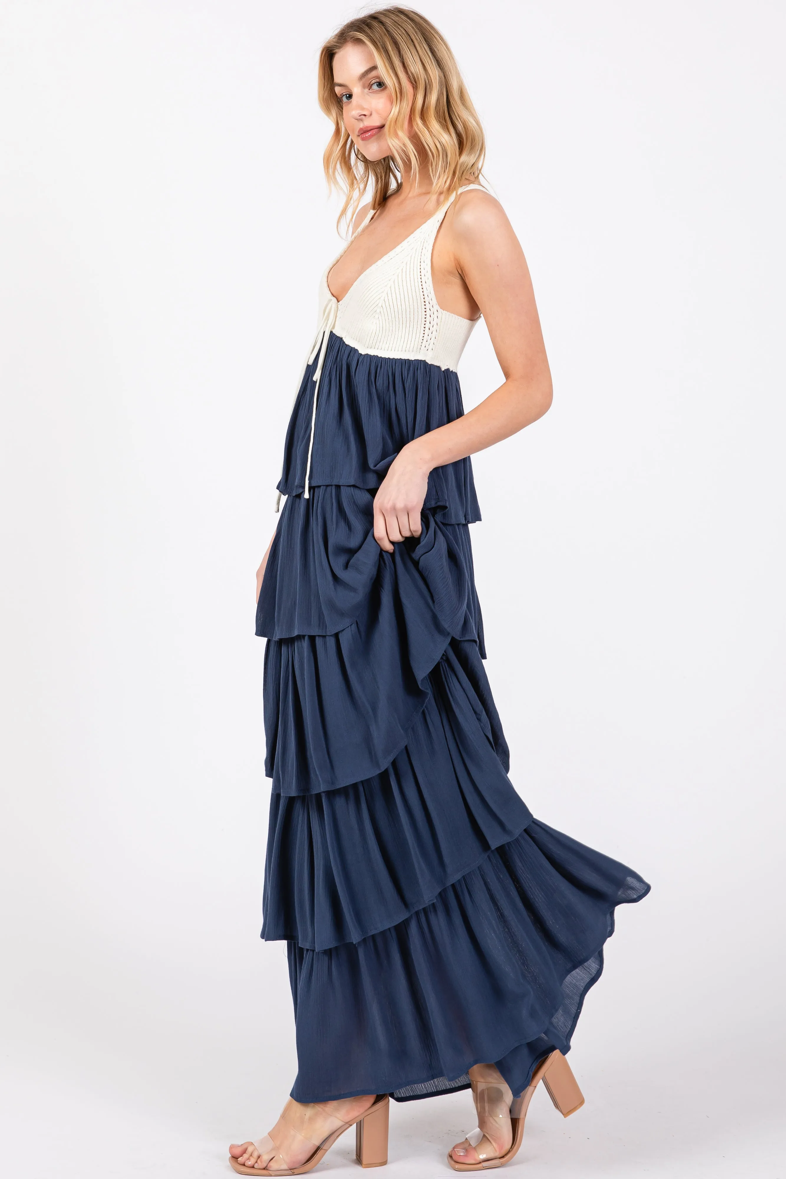 Navy Colorblock Crochet Tiered Maxi Dress sold by Pinkblush product image thumbnail 2