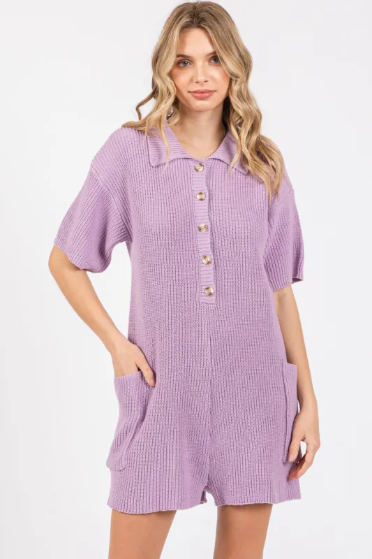 Lavender Sweater Knit Front Button Romper sold by Pinkblush