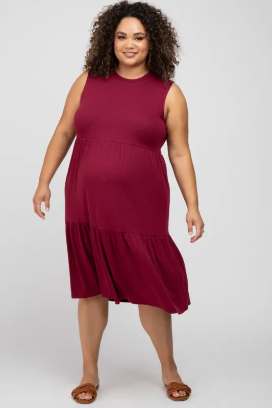 Burgundy Ribbed Sleeveless Plus Maternity Midi Dress sold by Pinkblush
