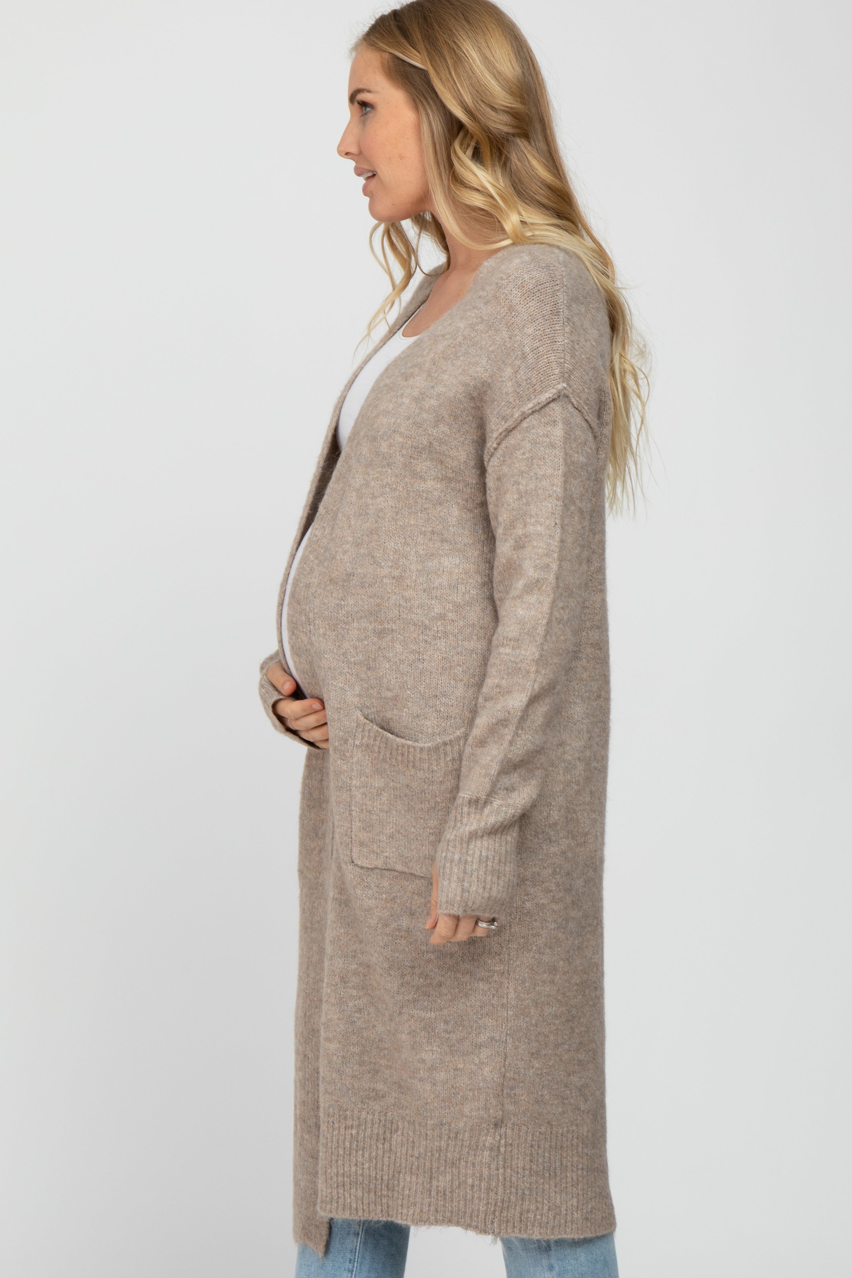Taupe Long Chunky Knit Maternity Cardigan sold by Pinkblush product image thumbnail 3