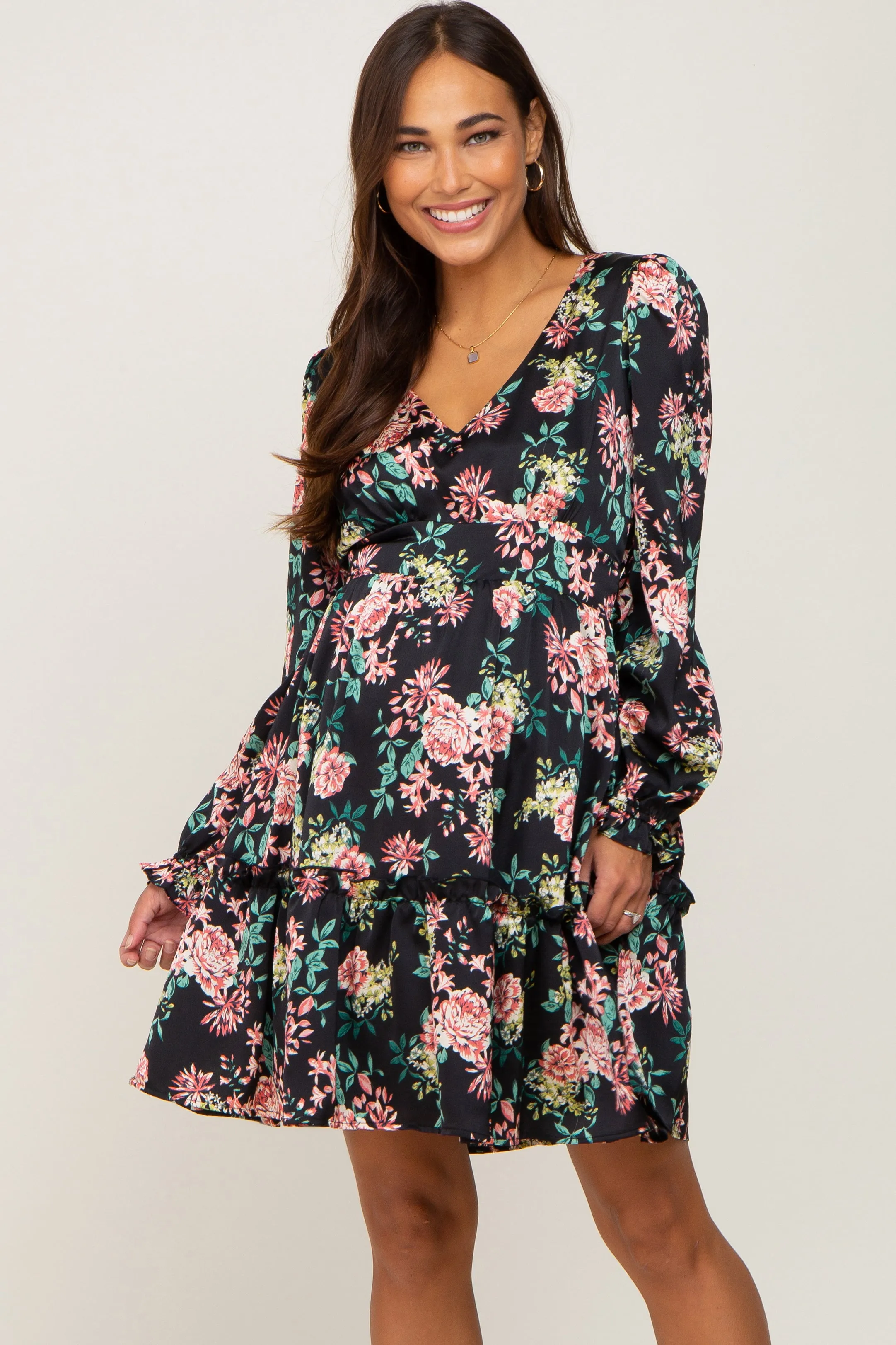 Black Floral V-Neck Satin Maternity Dress sold by Pinkblush