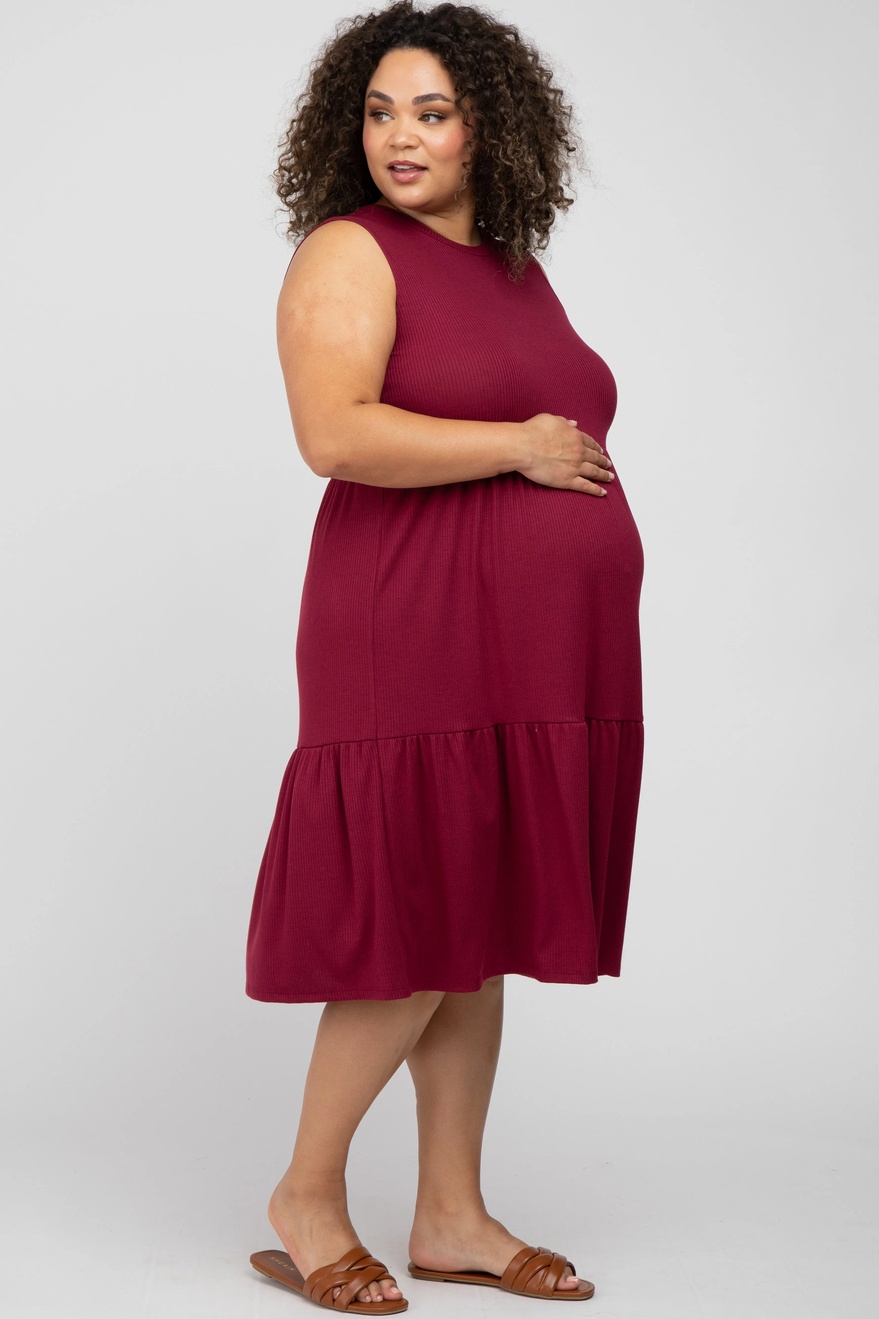 Burgundy Ribbed Sleeveless Plus Maternity Midi Dress sold by Pinkblush product image thumbnail 2