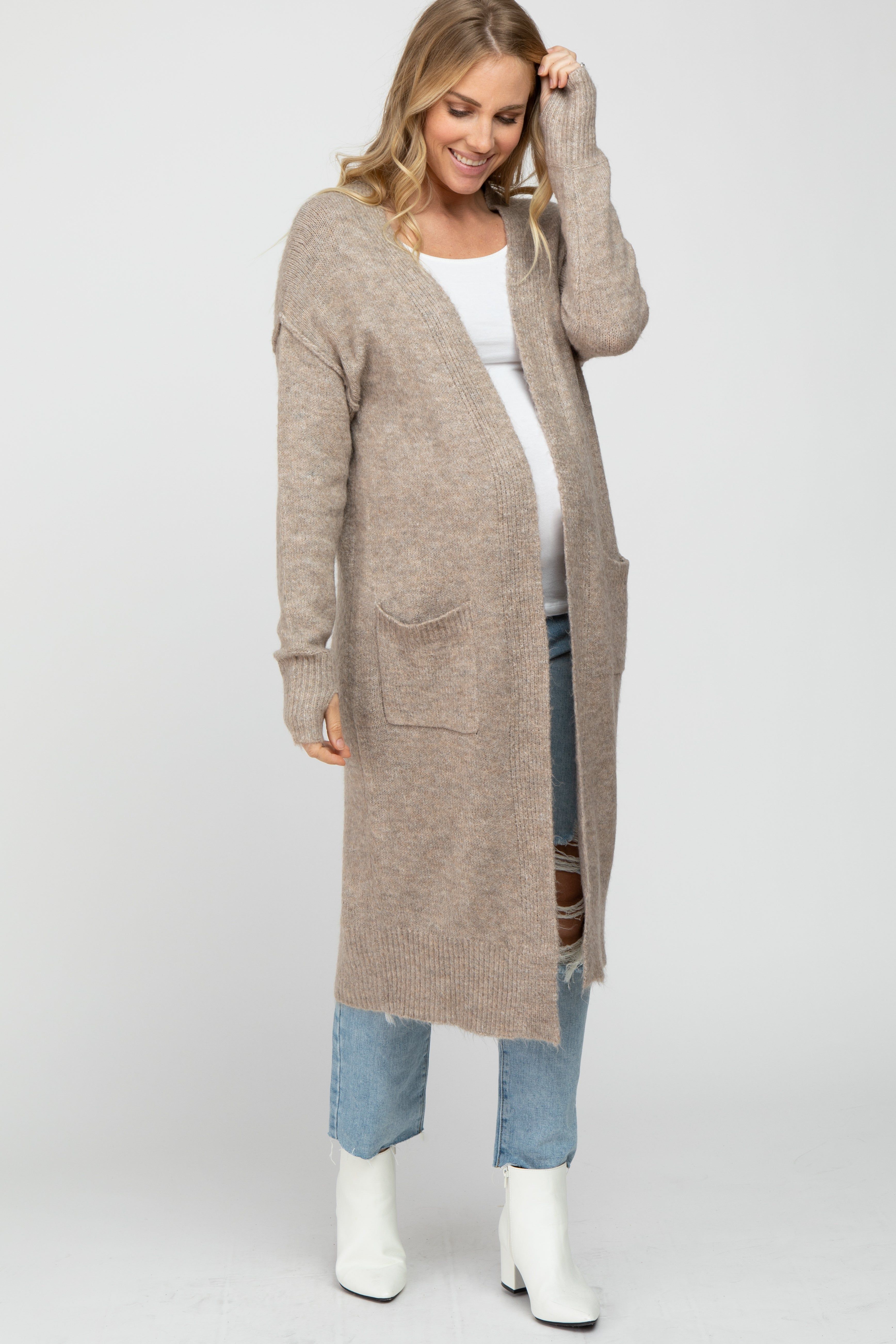 Taupe Long Chunky Knit Maternity Cardigan sold by Pinkblush