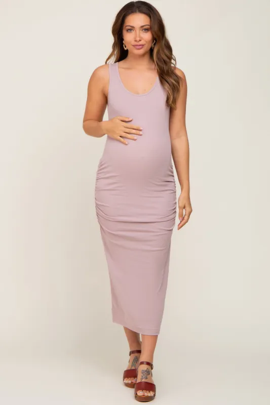Mauve Ruched Maternity Midi Tank Dress sold by Pinkblush