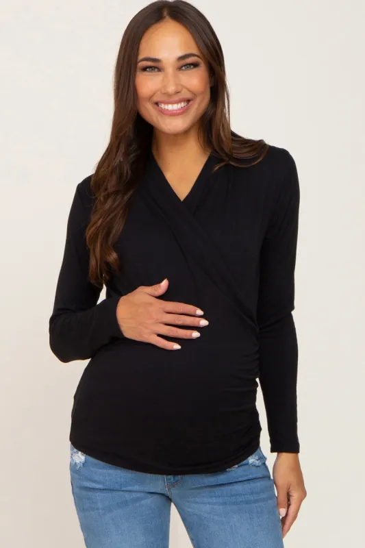 Black Long Sleeve Wrap Maternity Nursing Top sold by Pinkblush