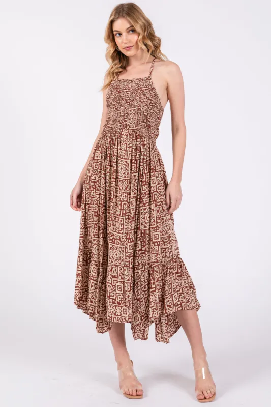 Brown Print Smocked Sleeveless Midi Dress sold by Pinkblush
