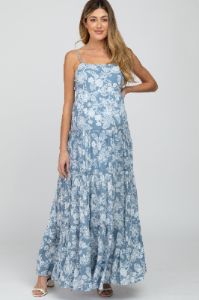Blue Floral Square Neck Tiered Maternity Maxi Dress sold by Pinkblush