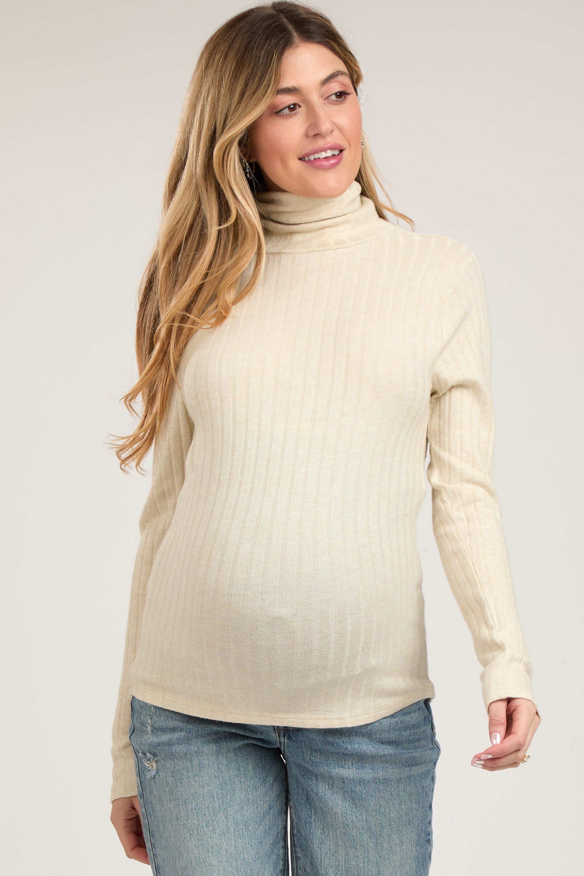 Cream Ribbed Long Sleeve Maternity Turtle Neck Top sold by Pinkblush product image thumbnail 2