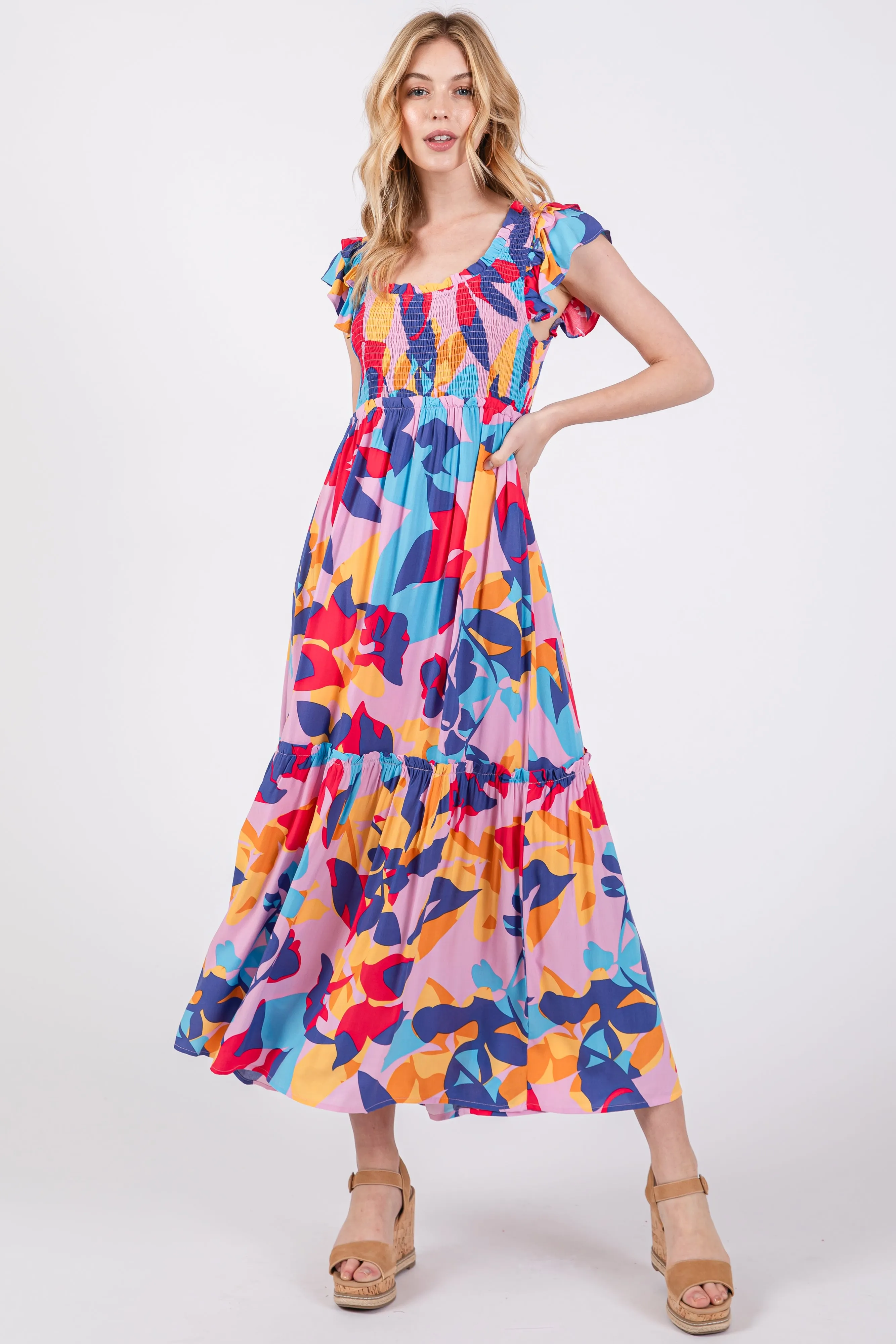 Multi-Color Smocked Ruffle Midi Dress sold by Pinkblush