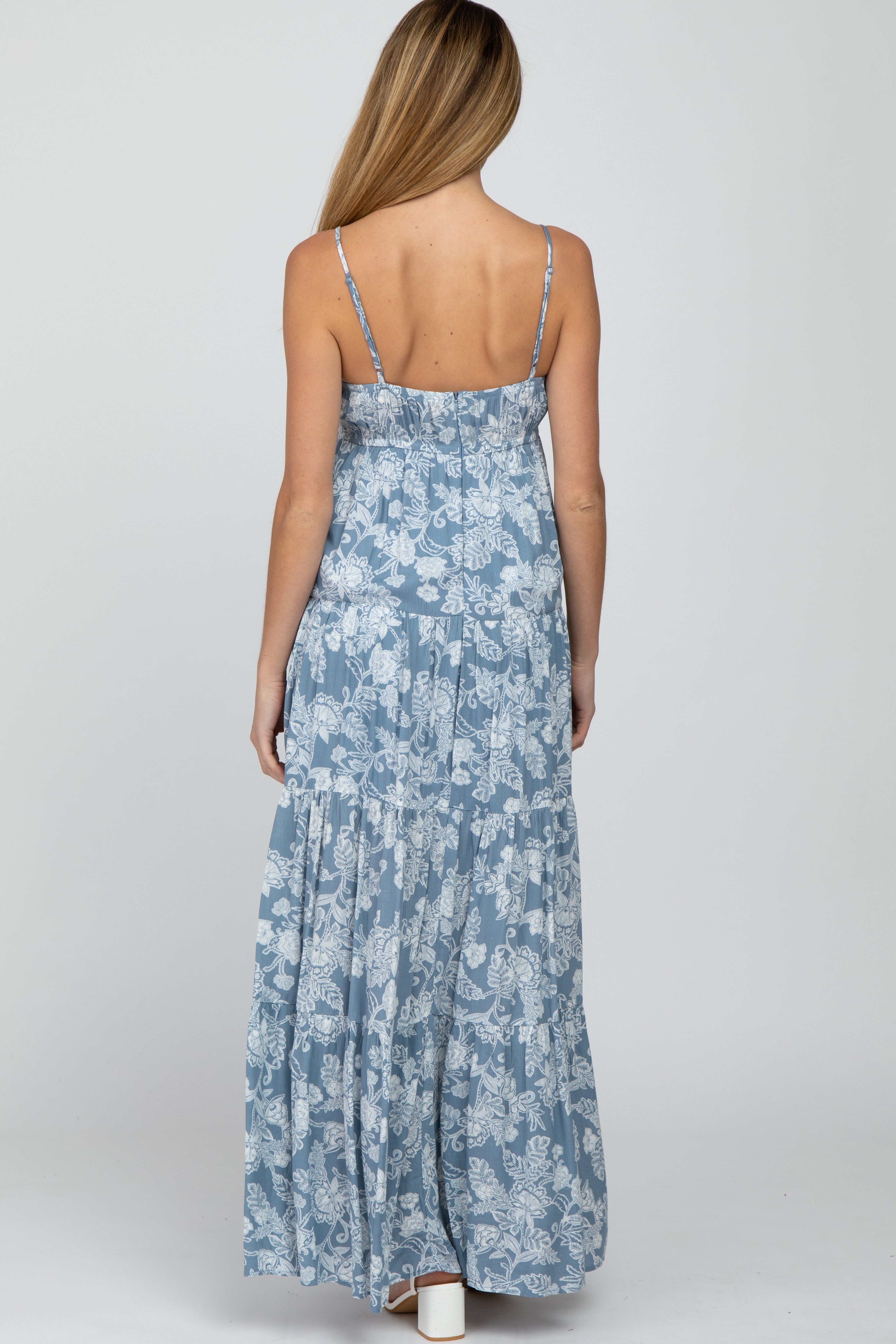 Blue Floral Square Neck Tiered Maternity Maxi Dress sold by Pinkblush product image thumbnail 3
