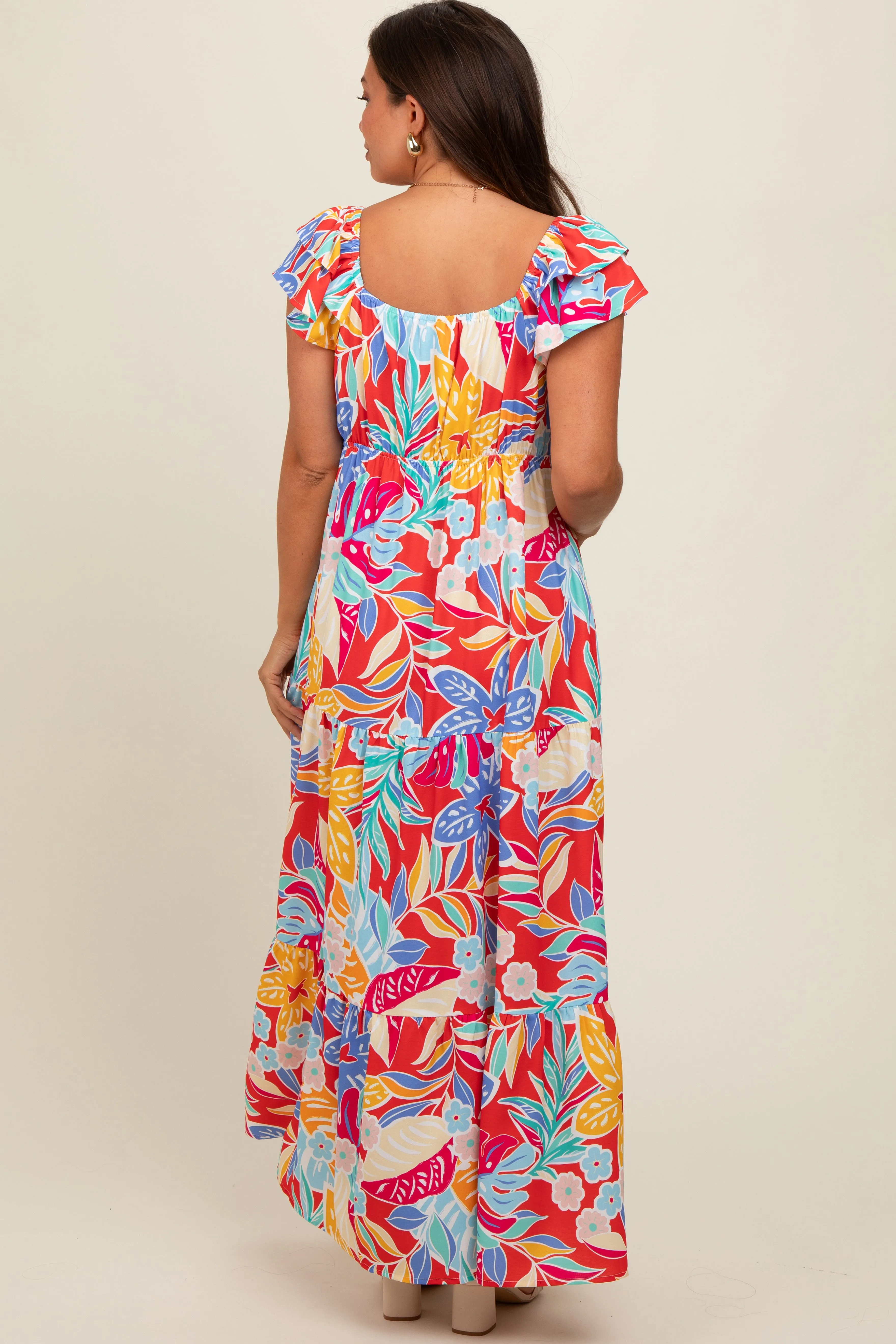 Red Floral V-Neck Layered Flutter Short Sleeve Maternity Midi Dress sold by Pinkblush product image thumbnail 3