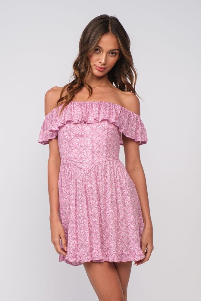 Pink Off-Shoulder Ruffle Floral Mini Dress sold by Pinkblush