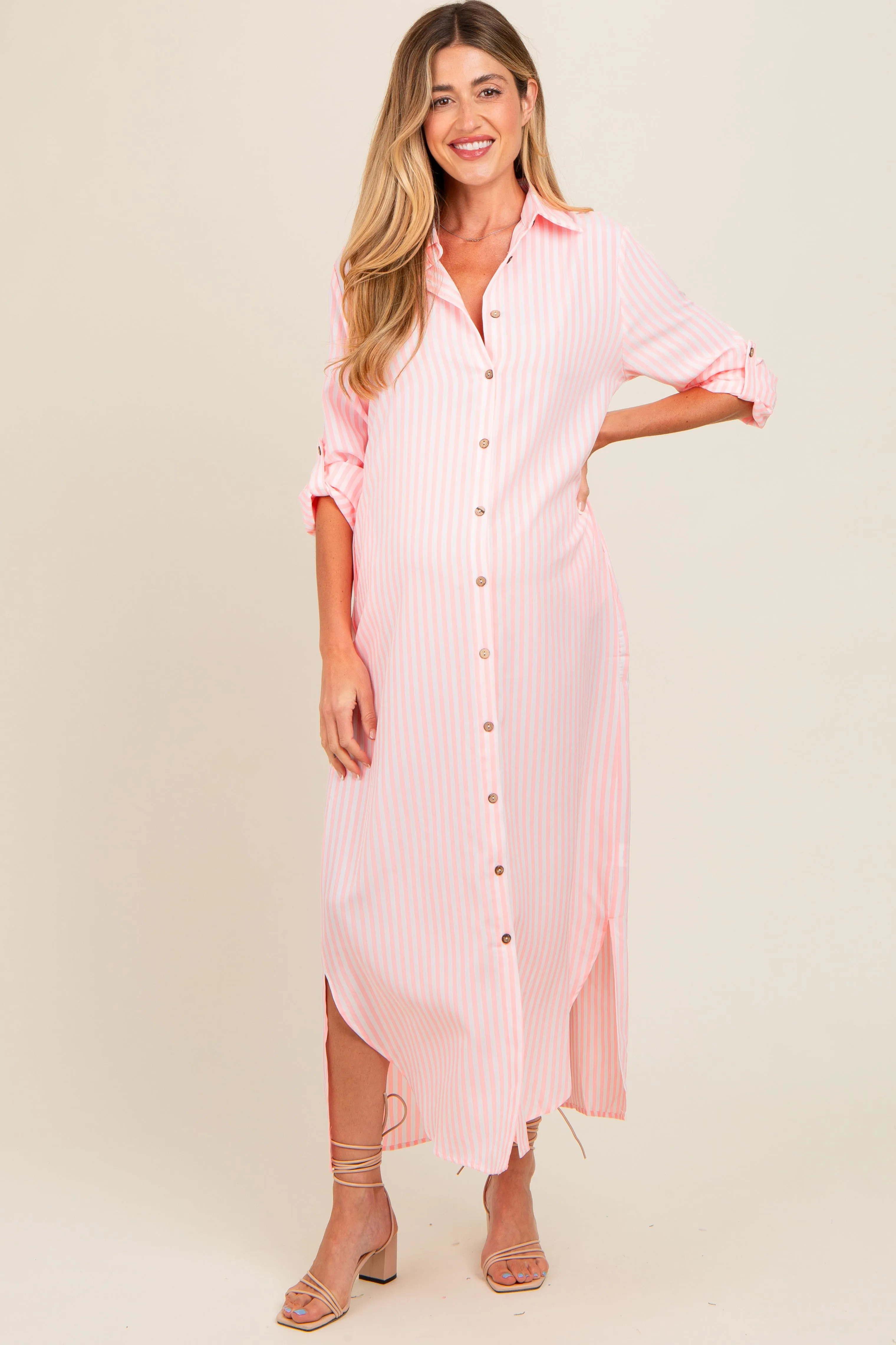 Pink Striped Button Down Maternity Maxi Dress sold by Pinkblush product image thumbnail 2