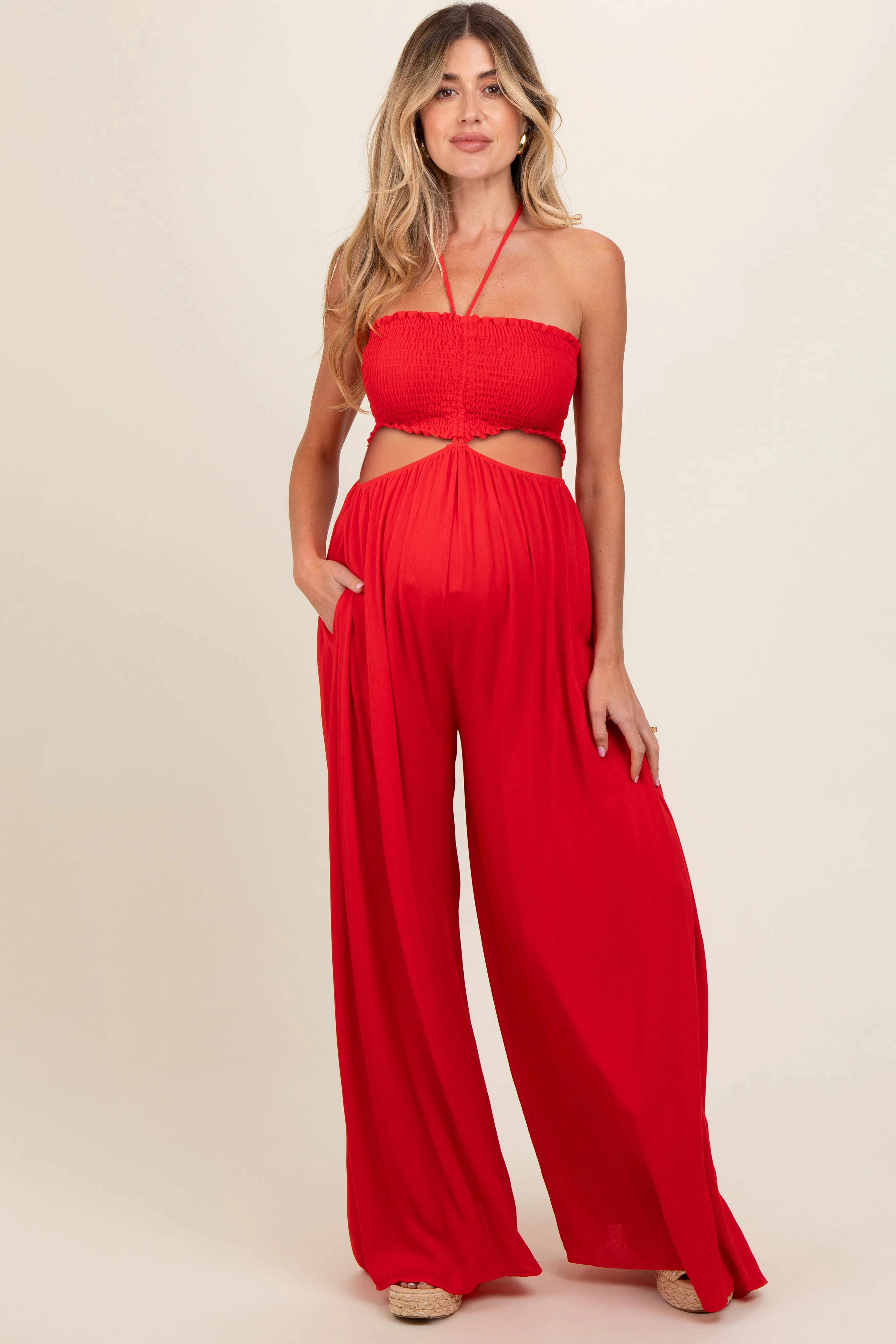 Red Smocked Drawstring Halter Side Cutout Maternity Jumpsuit sold by Pinkblush