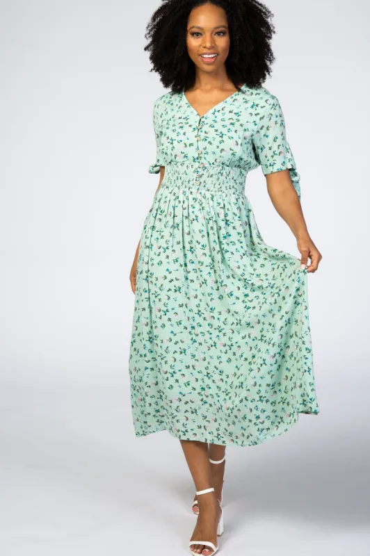 Mint Green Floral Tie Sleeve Midi Dress sold by Pinkblush