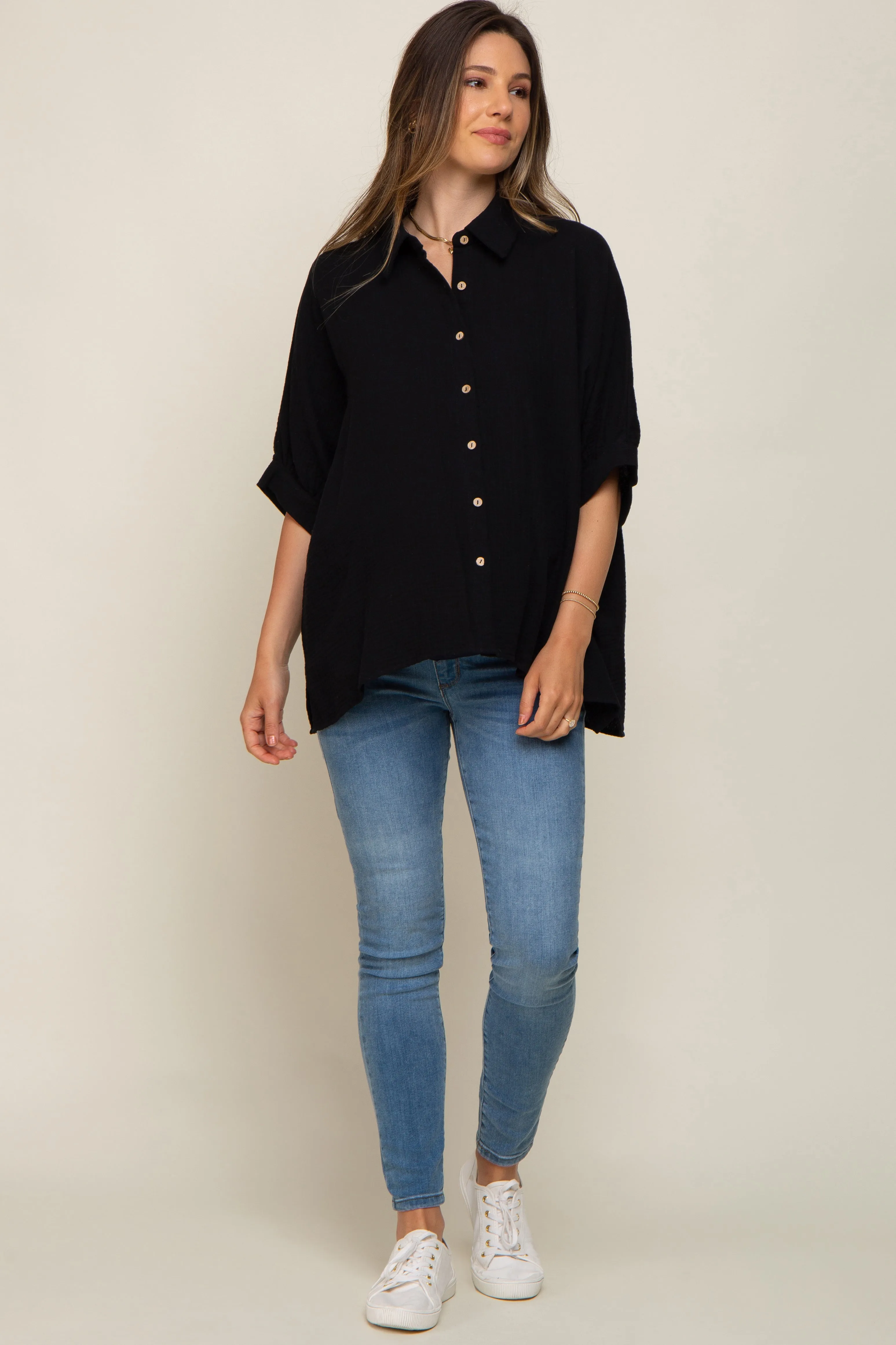 Black Button Down Collared Maternity Top sold by Pinkblush product image thumbnail 4